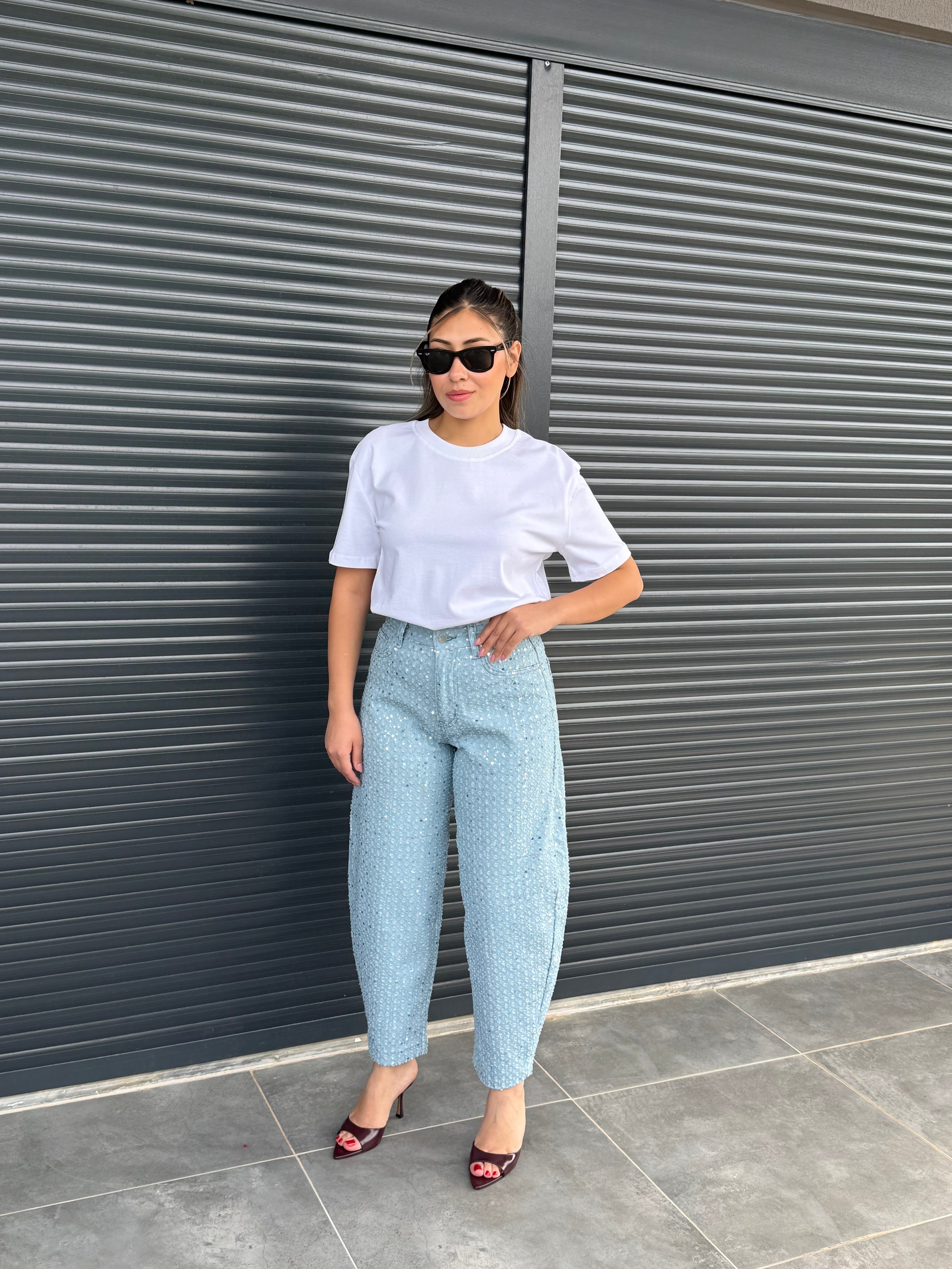 Premium Pullu Balon Jean Açık Mavi