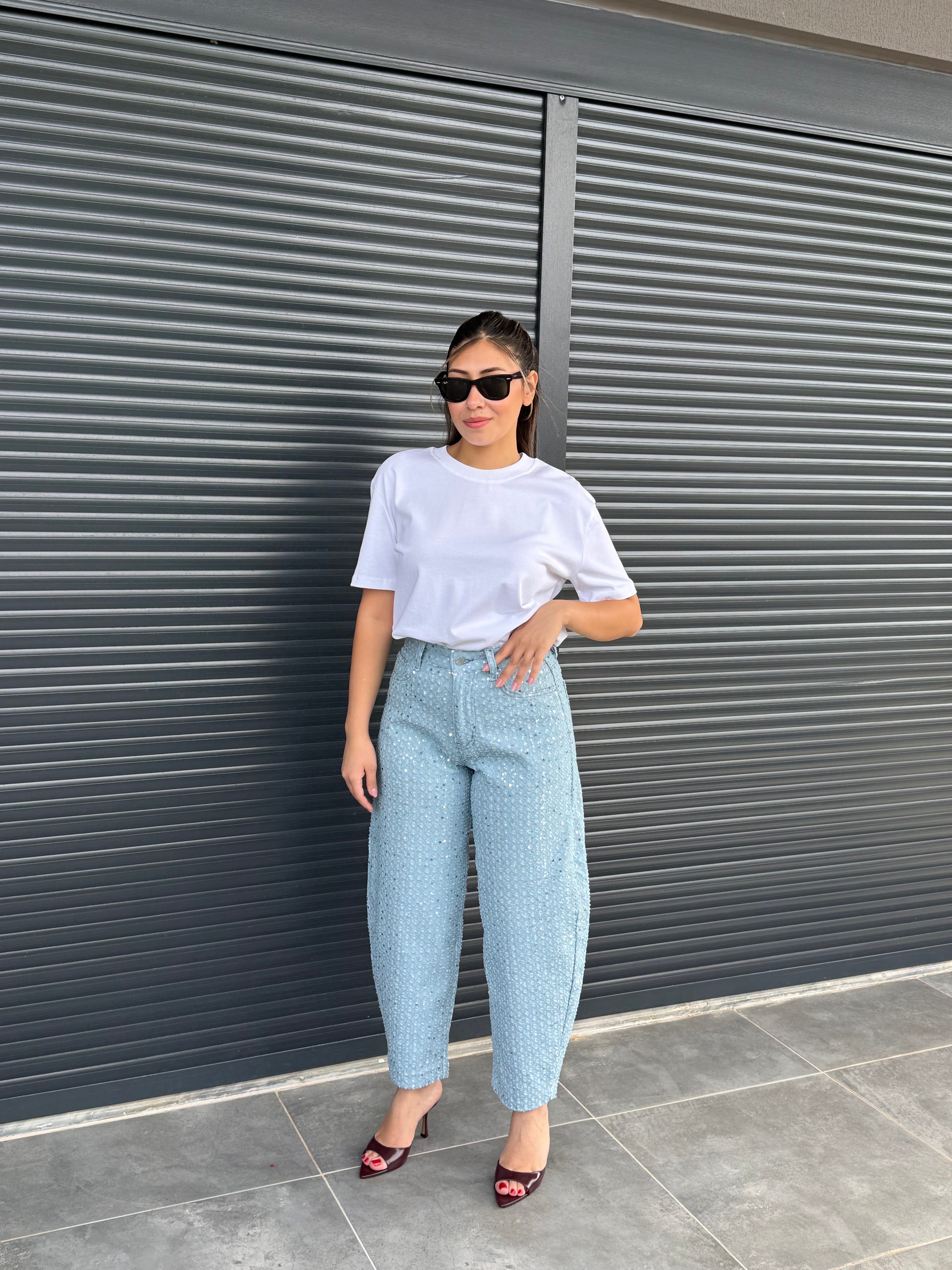 Premium Pullu Balon Jean Açık Mavi