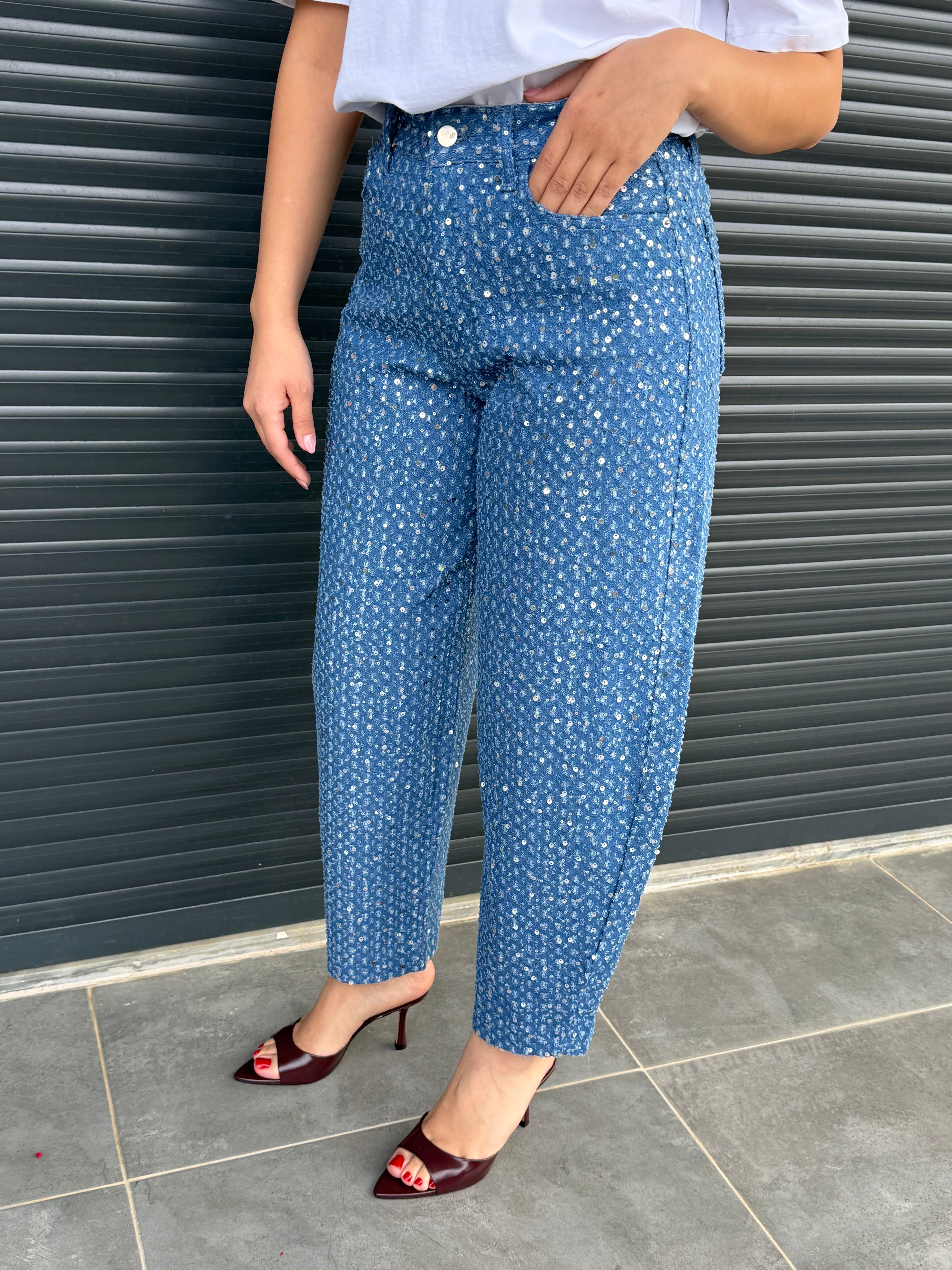 Premium Pullu Balon Jean Koyu Mavi