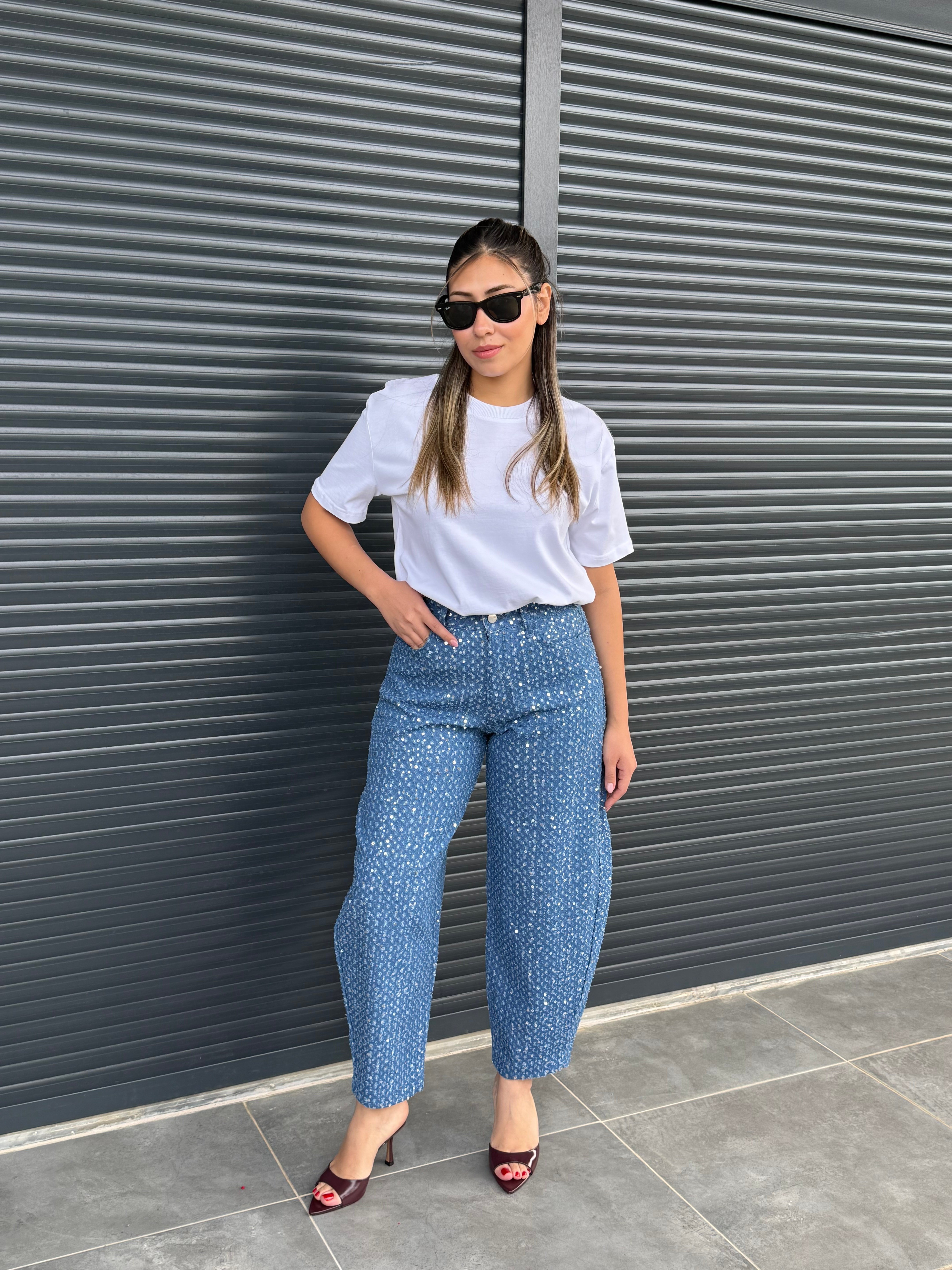 Premium Pullu Balon Jean Koyu Mavi