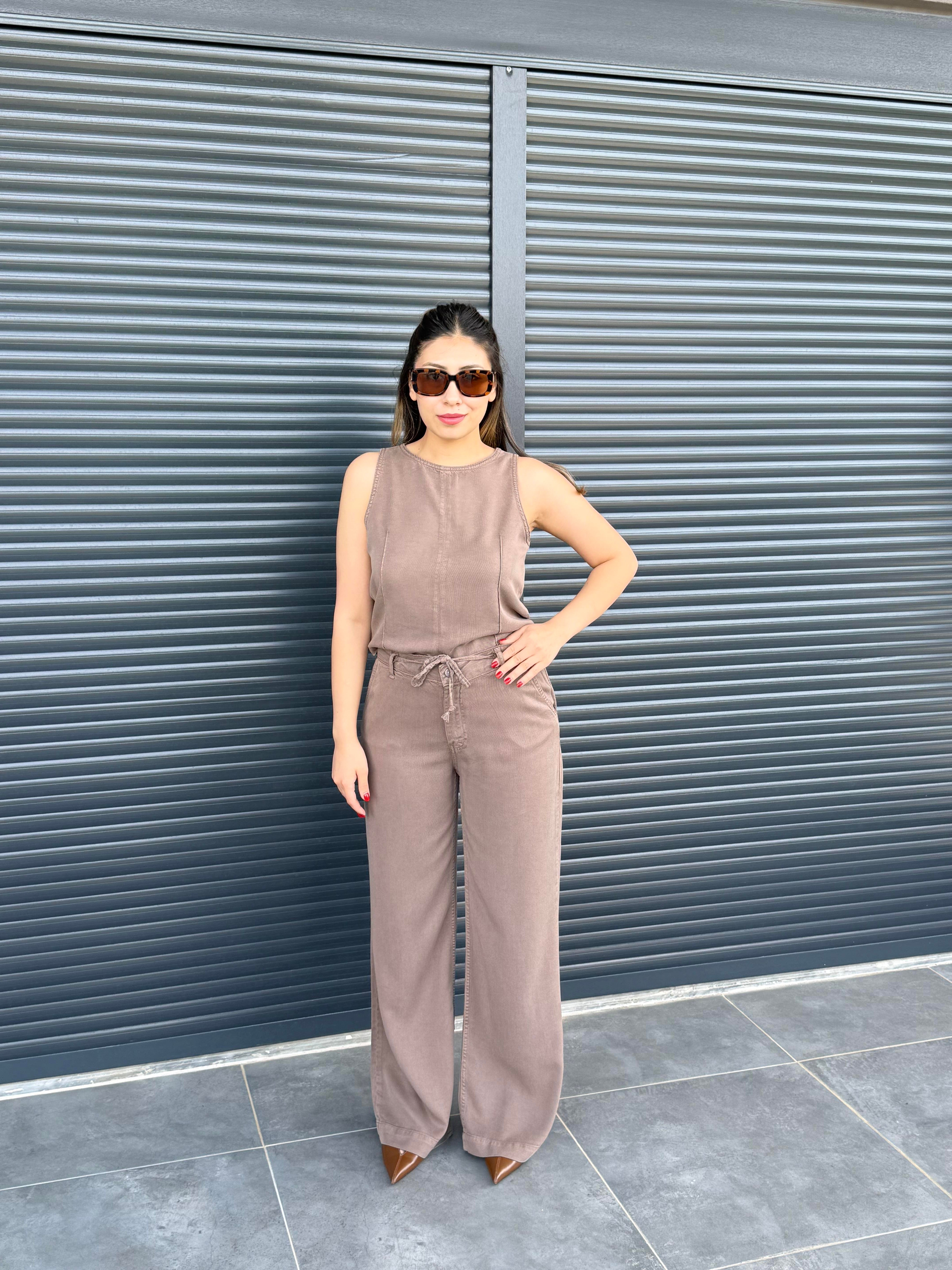 Premium Tensel Denim Bluz Pantolon Takım Kahverengi