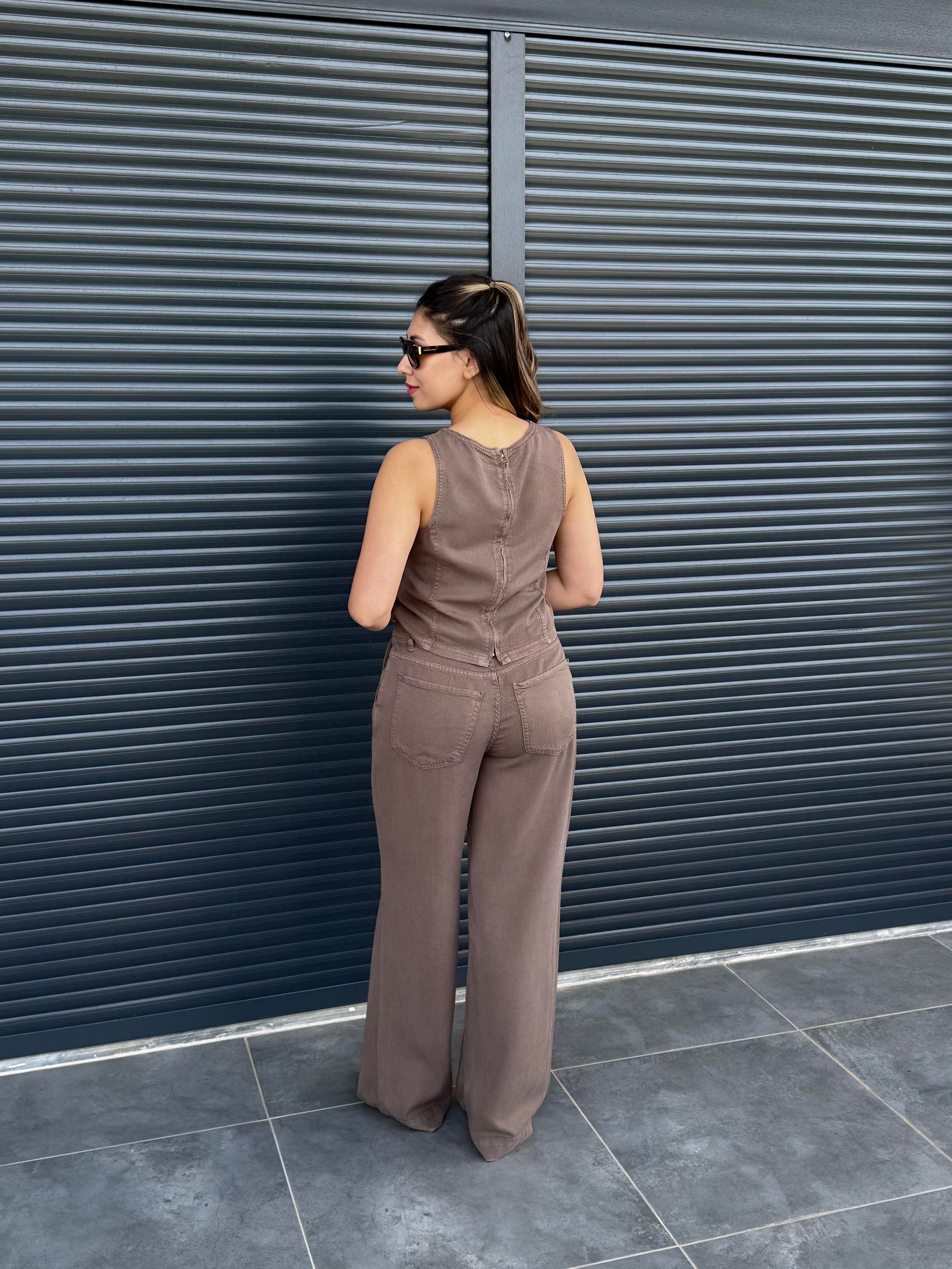 Premium Tensel Denim Bluz Pantolon Takım Kahverengi