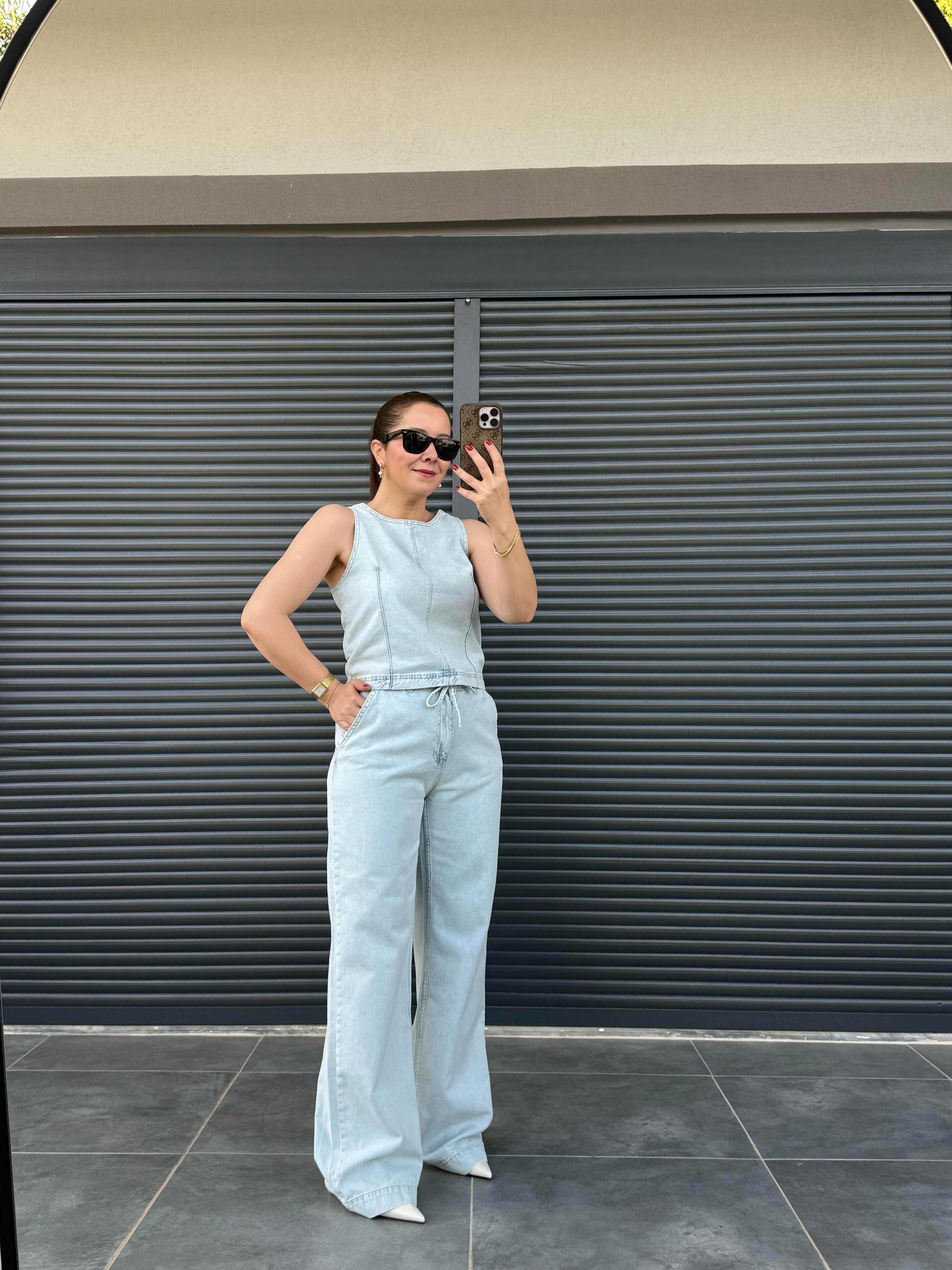 Premium Tensel Denim Bluz Pantolon Takım Buz Mavi