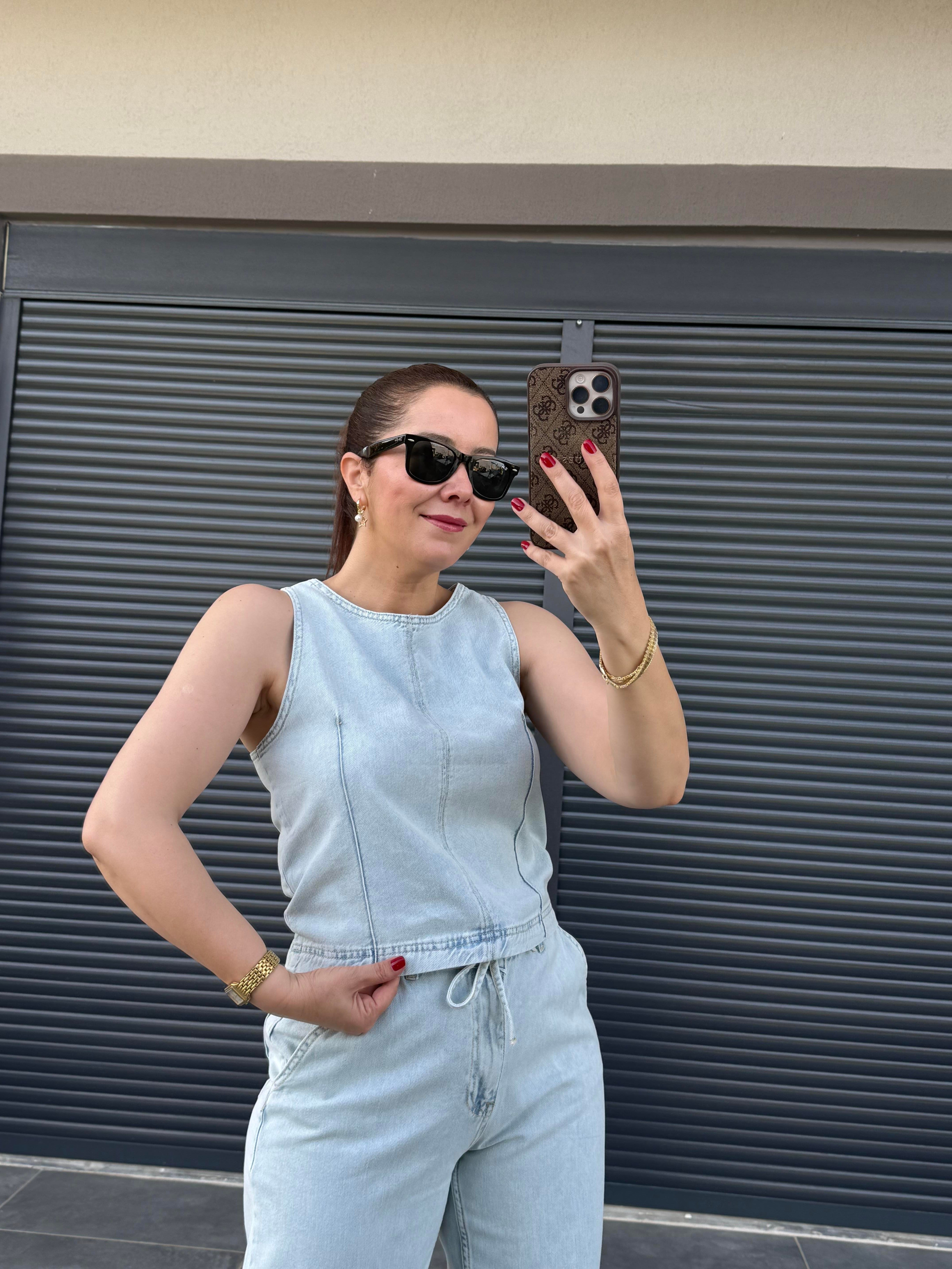 Premium Tensel Denim Bluz Pantolon Takım Buz Mavi