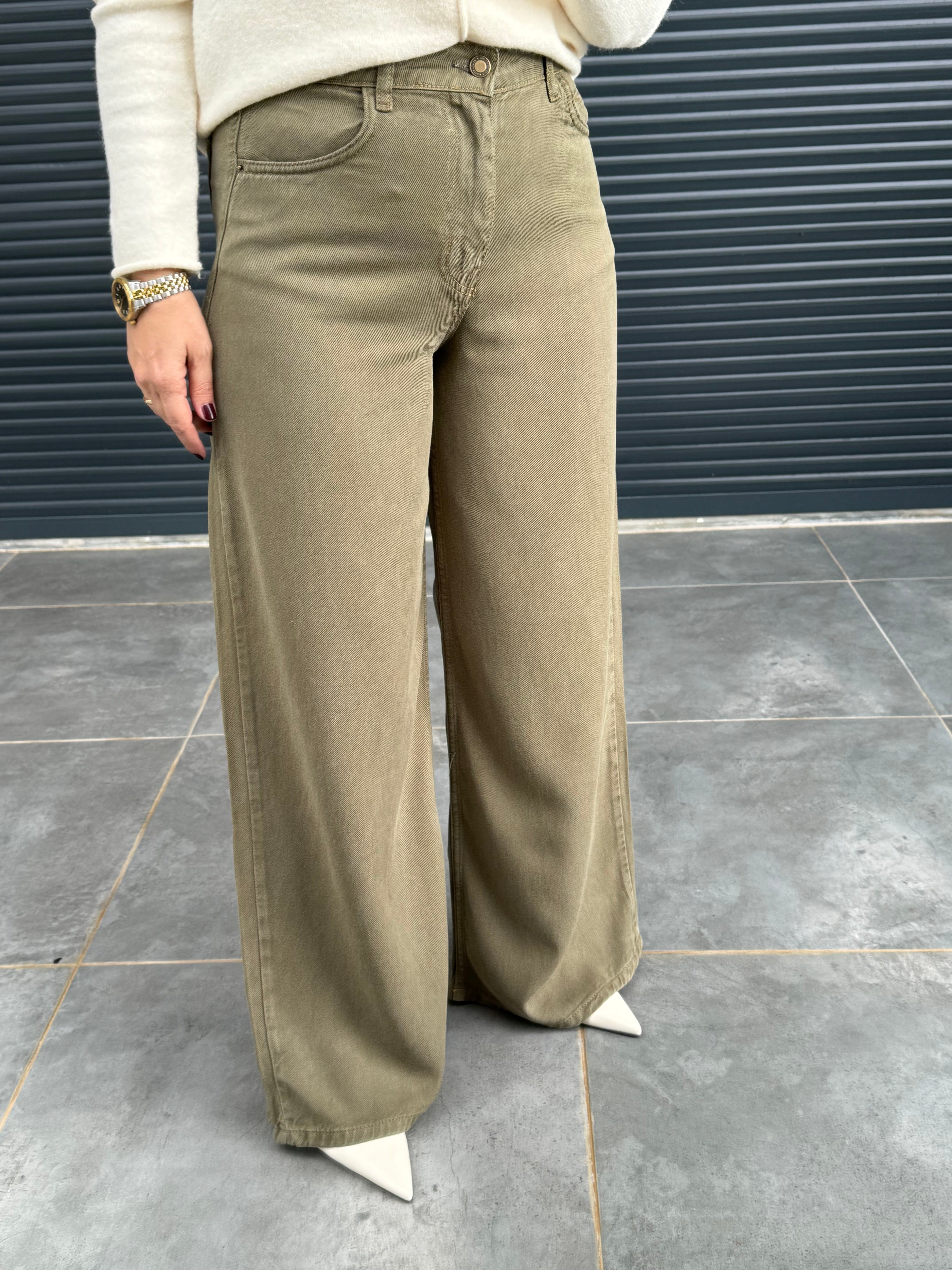 Premium Yumuşak Doku Denim Palazzo Haki