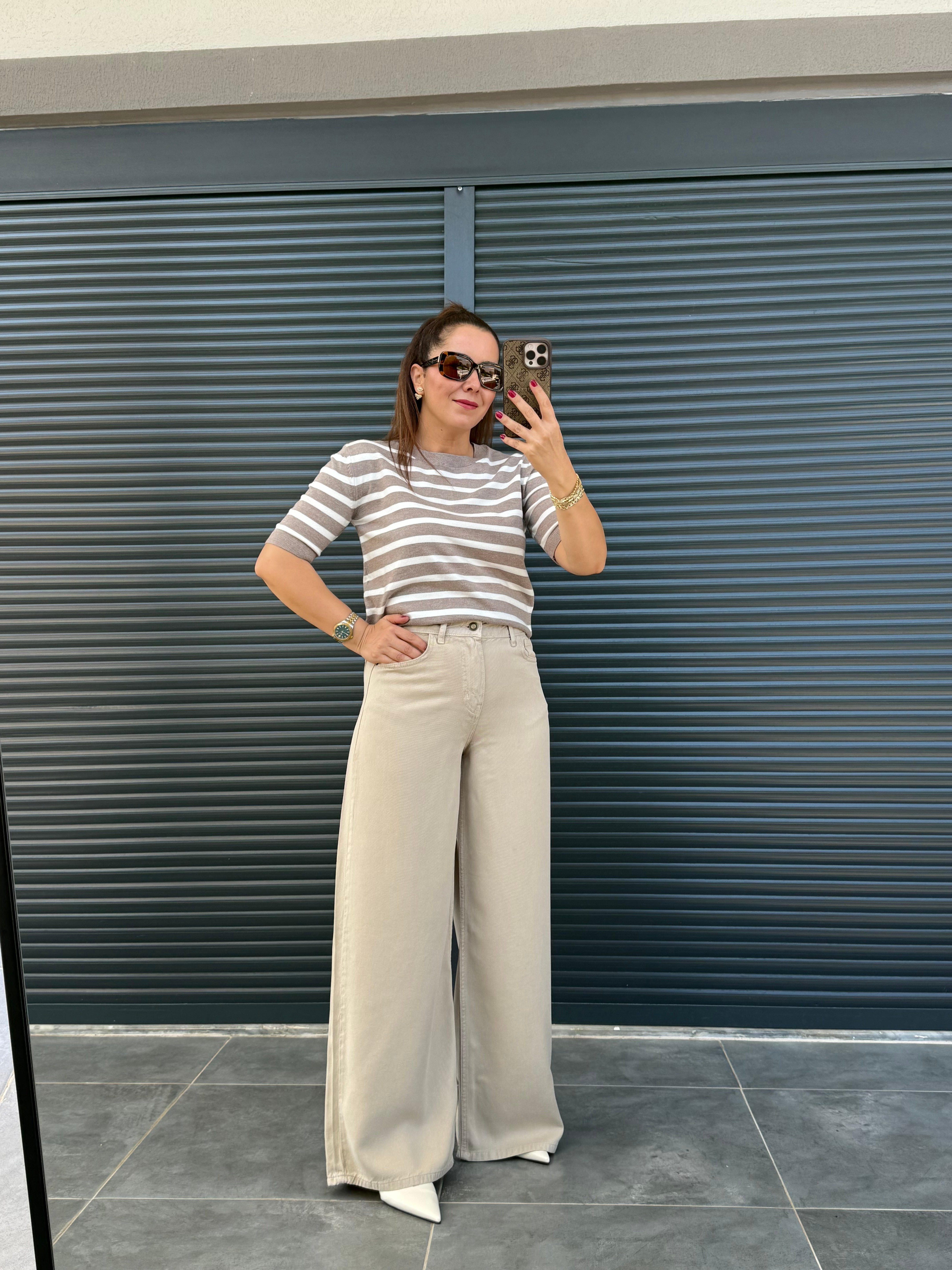 Premium Yumuşak Dokulu Denim Palazzo Bej