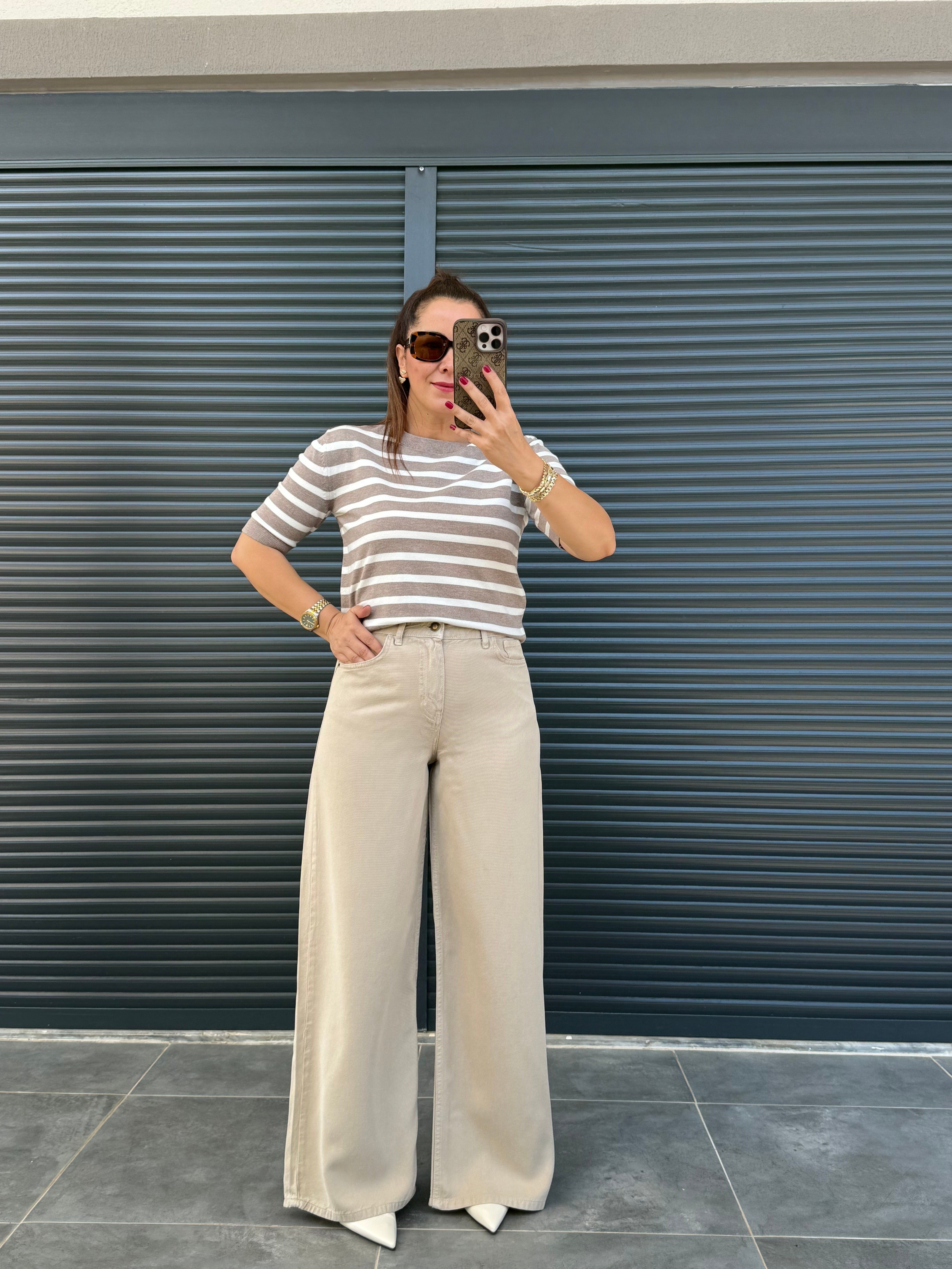 Premium Yumuşak Dokulu Denim Palazzo Bej