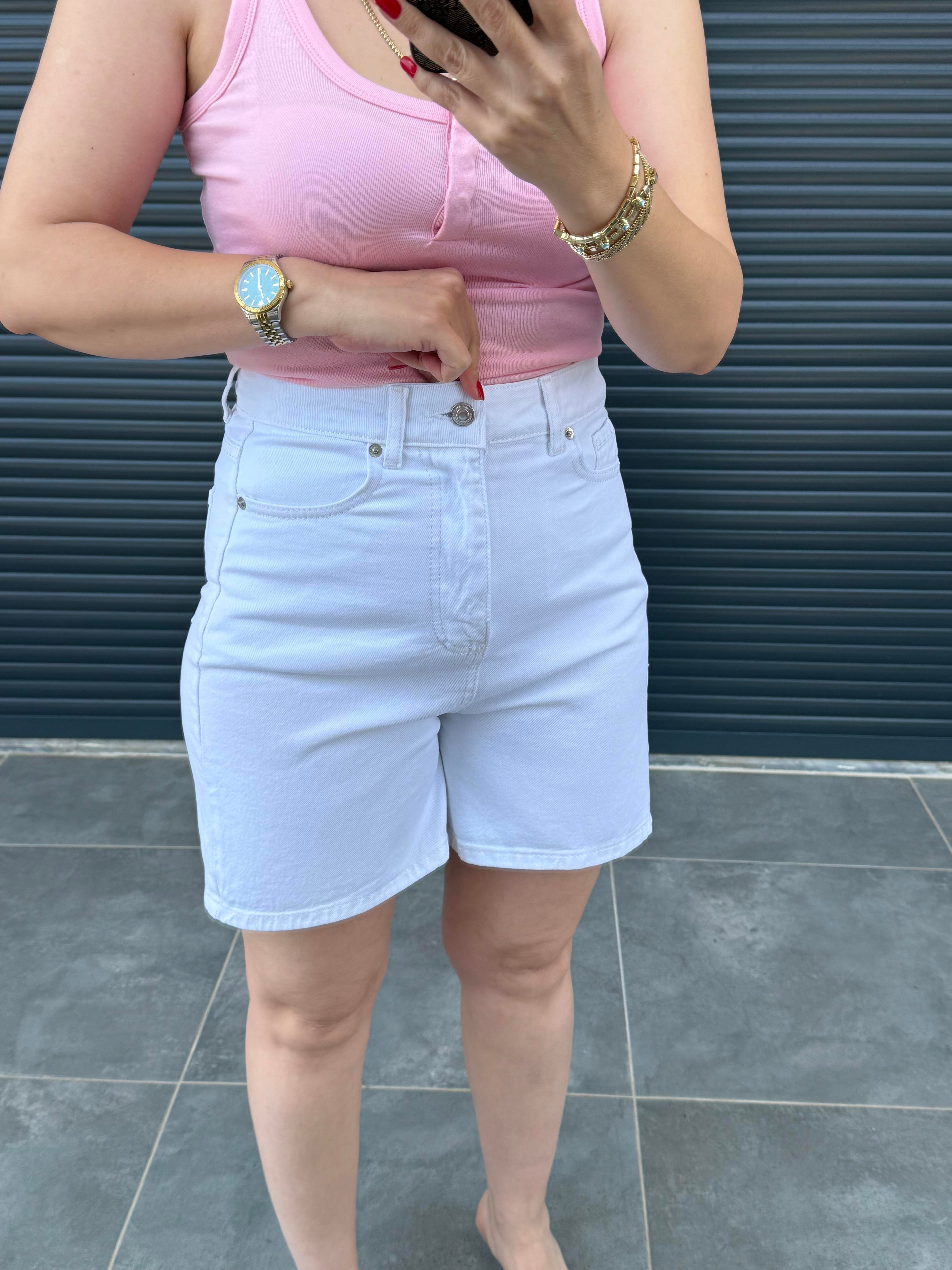 Şehir Boy Mom Kot Şort  Beyaz