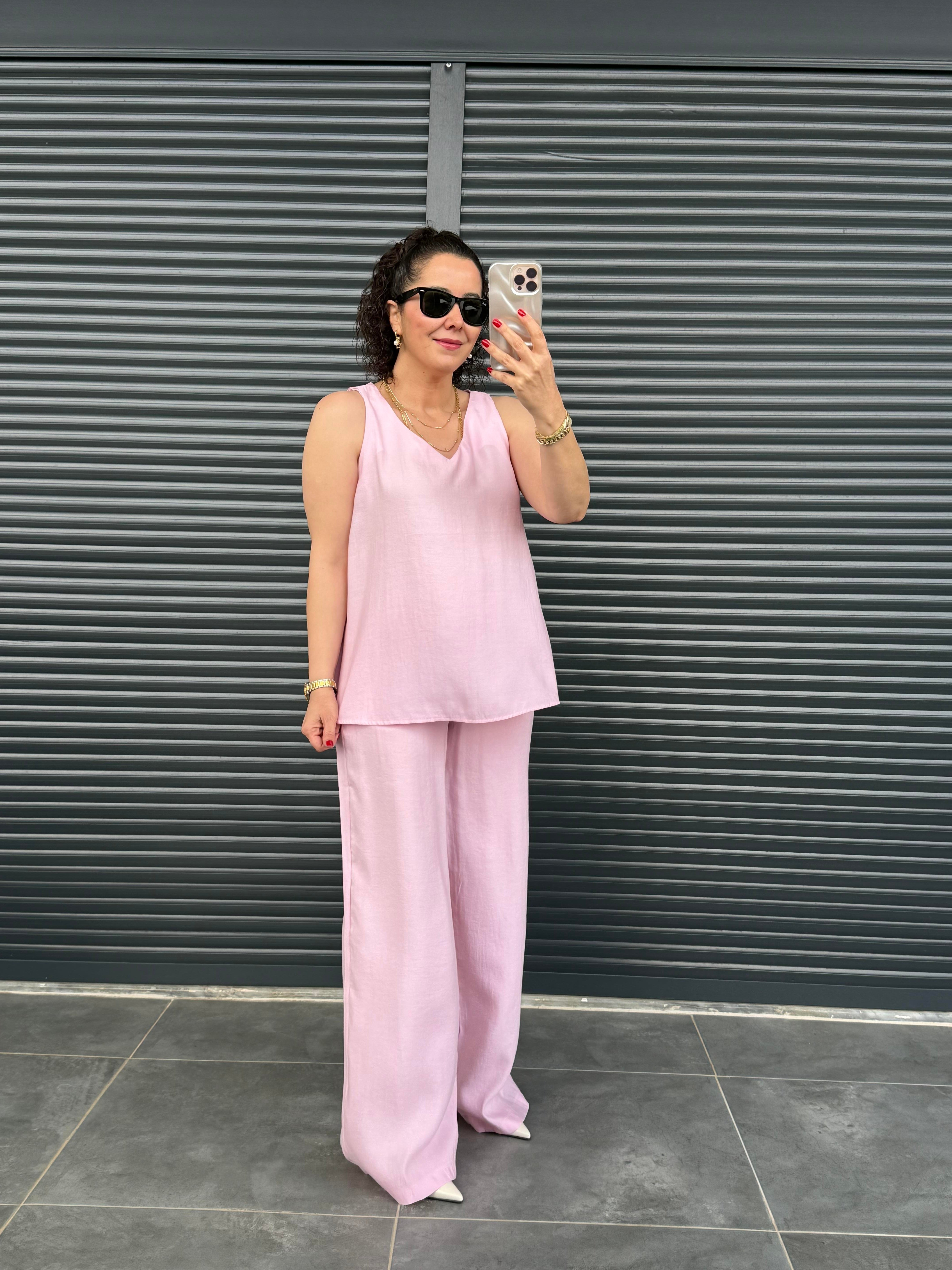 Tensel Kumaş V Yaka Bluz Palazzo Pantolon  Pembe