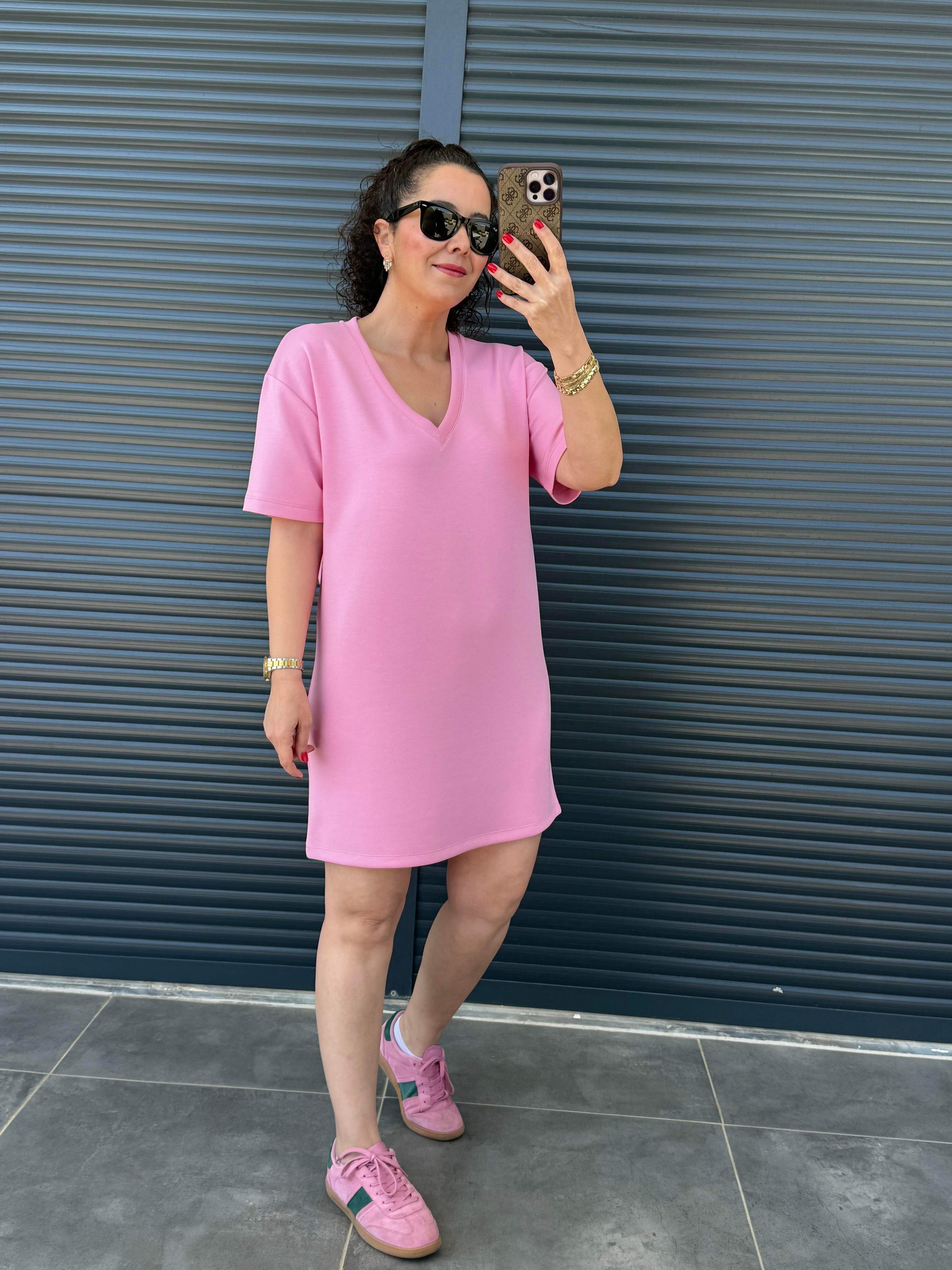 V Yaka Modal Kumaş Dökümlü Elbise  Pembe 