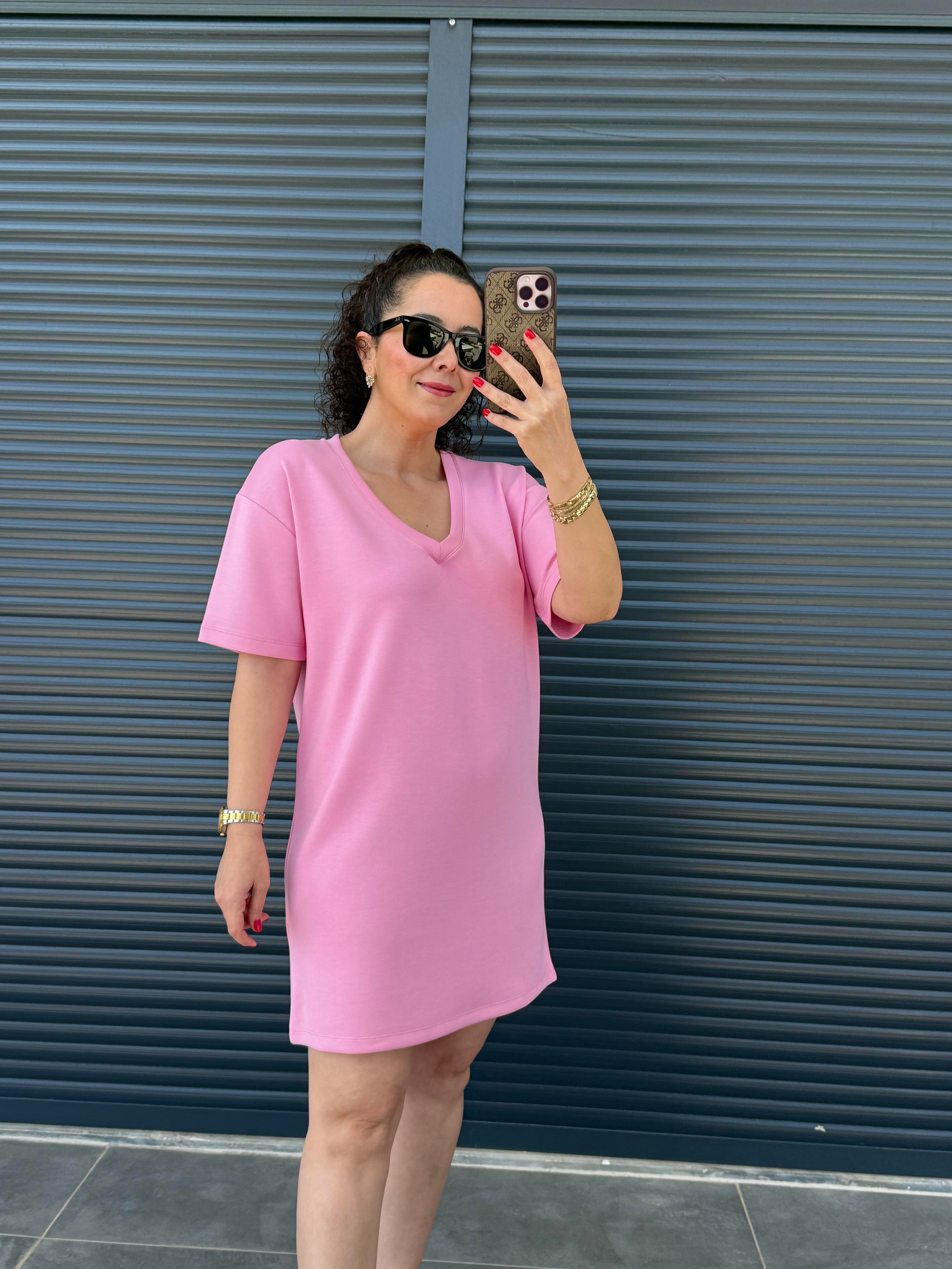 V Yaka Modal Kumaş Dökümlü Elbise  Pembe 