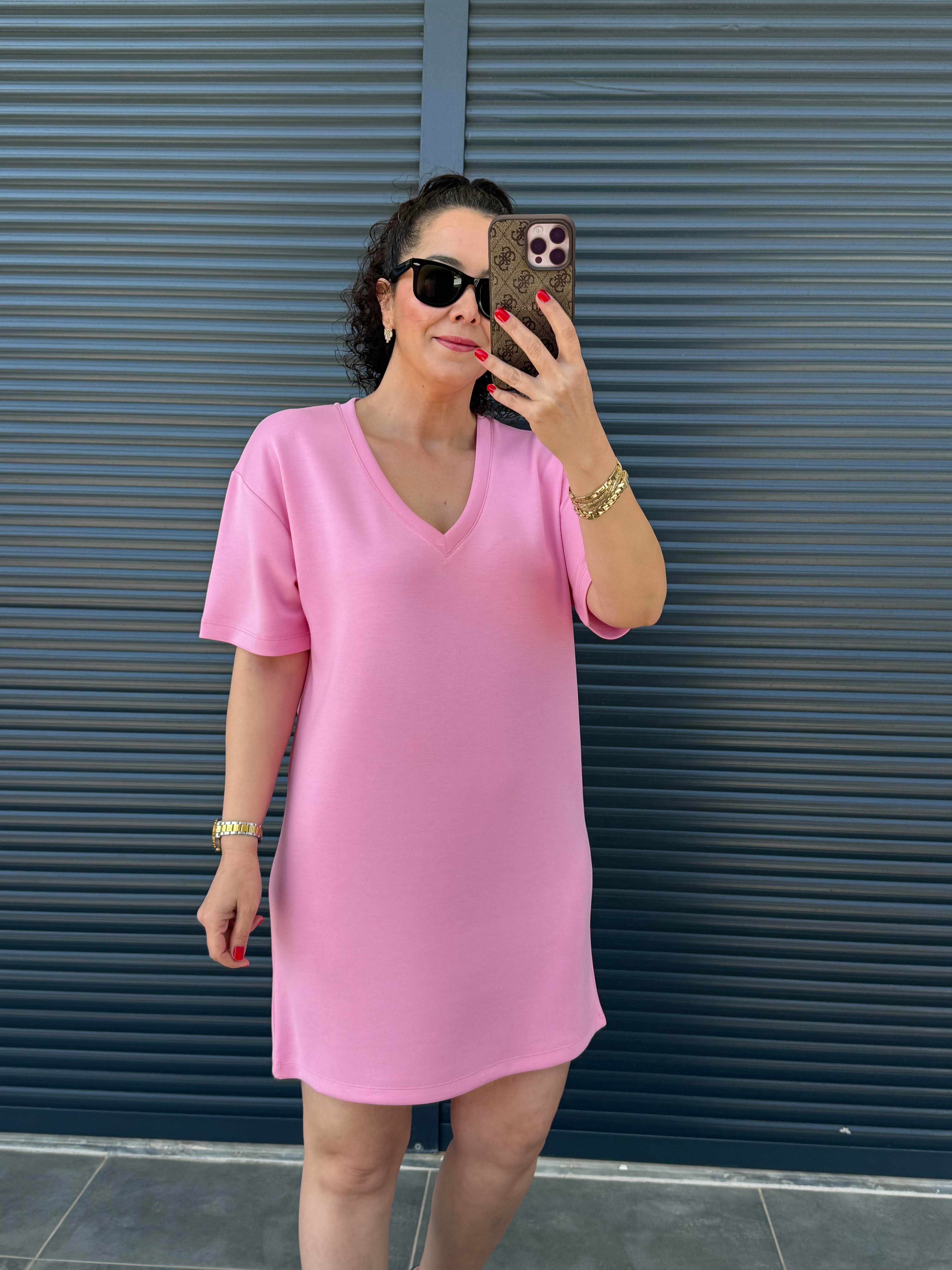 V Yaka Modal Kumaş Dökümlü Elbise  Pembe 