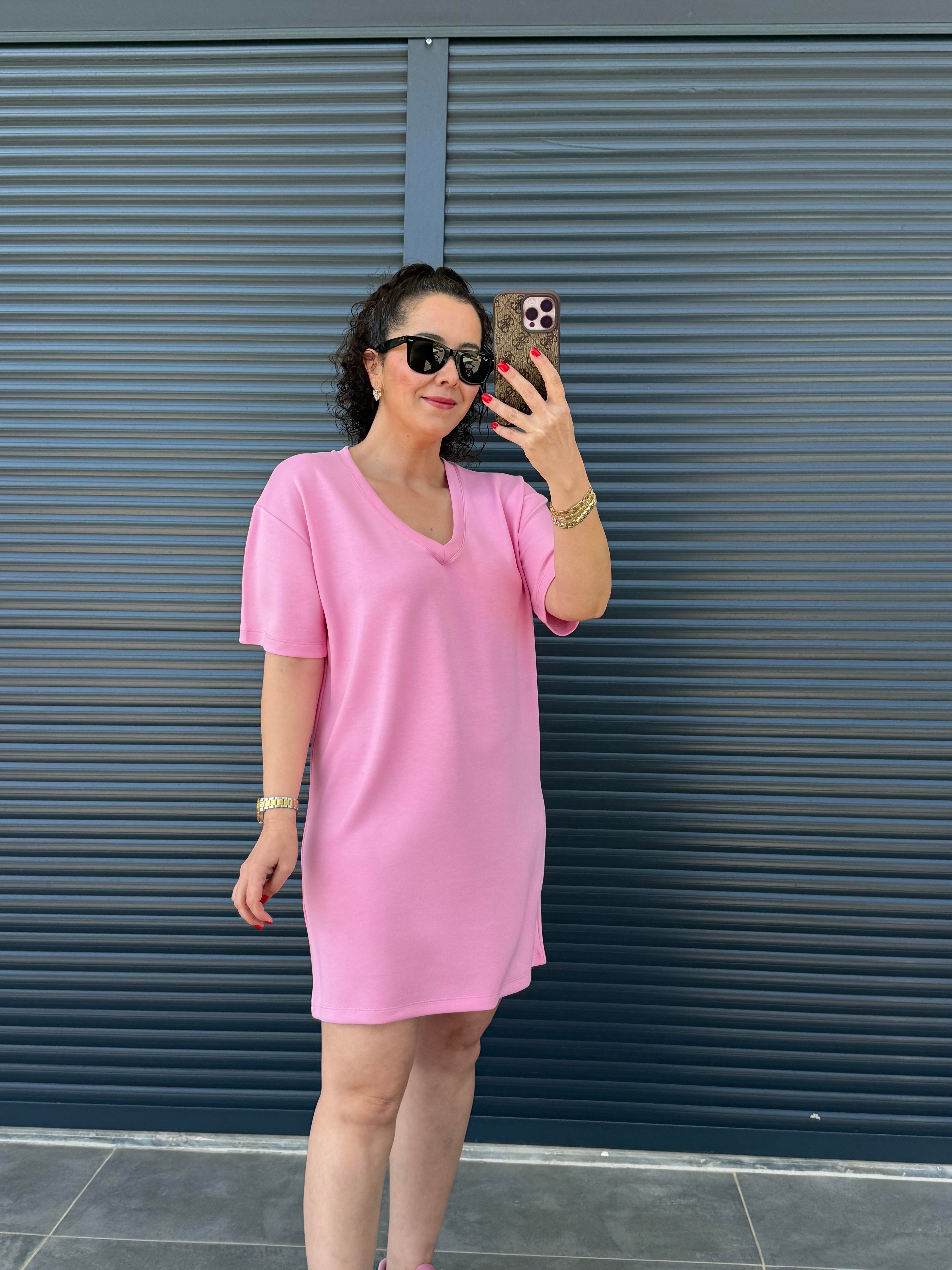 V Yaka Modal Kumaş Dökümlü Elbise  Pembe 