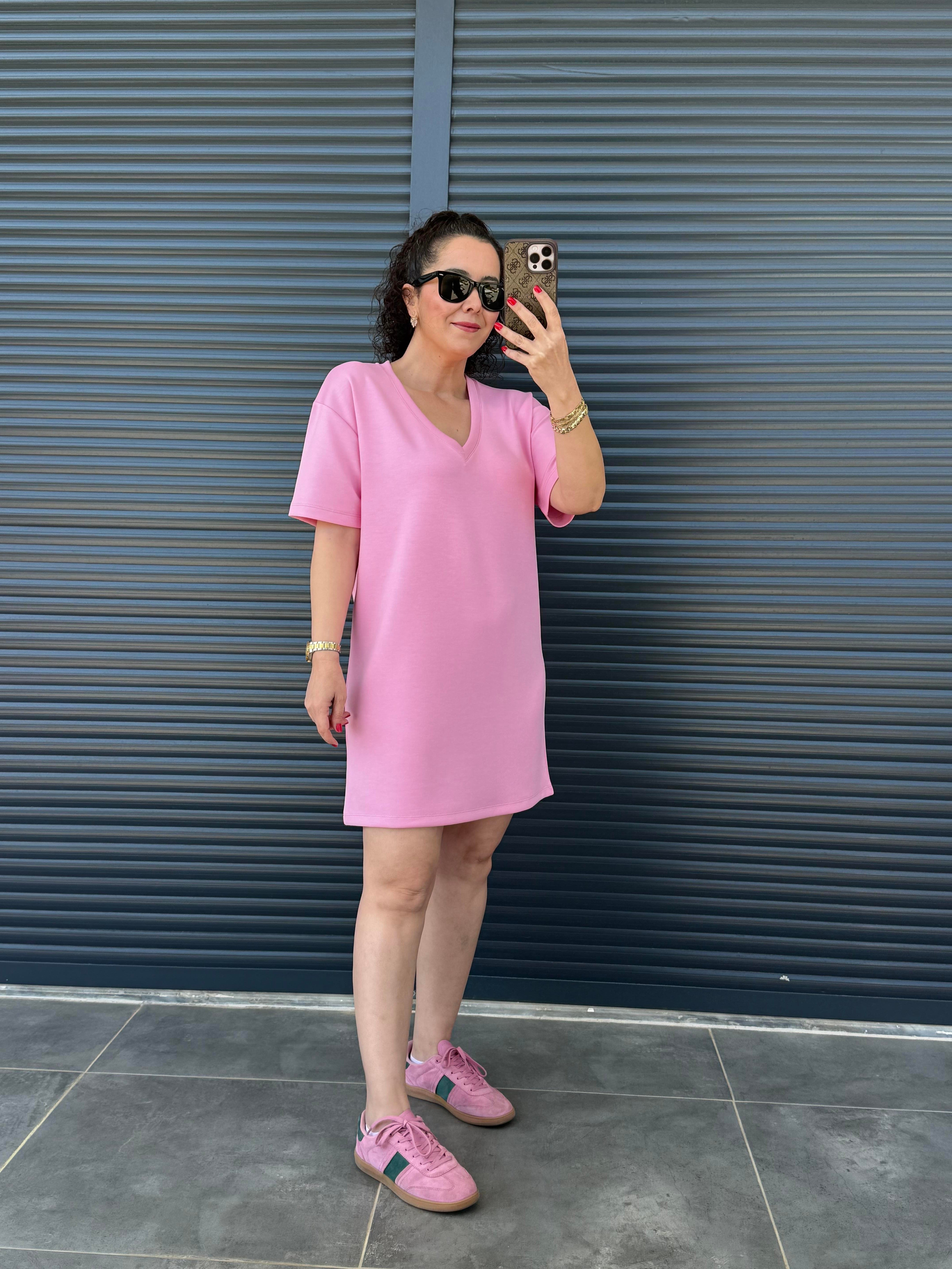 V Yaka Modal Kumaş Dökümlü Elbise  Pembe 
