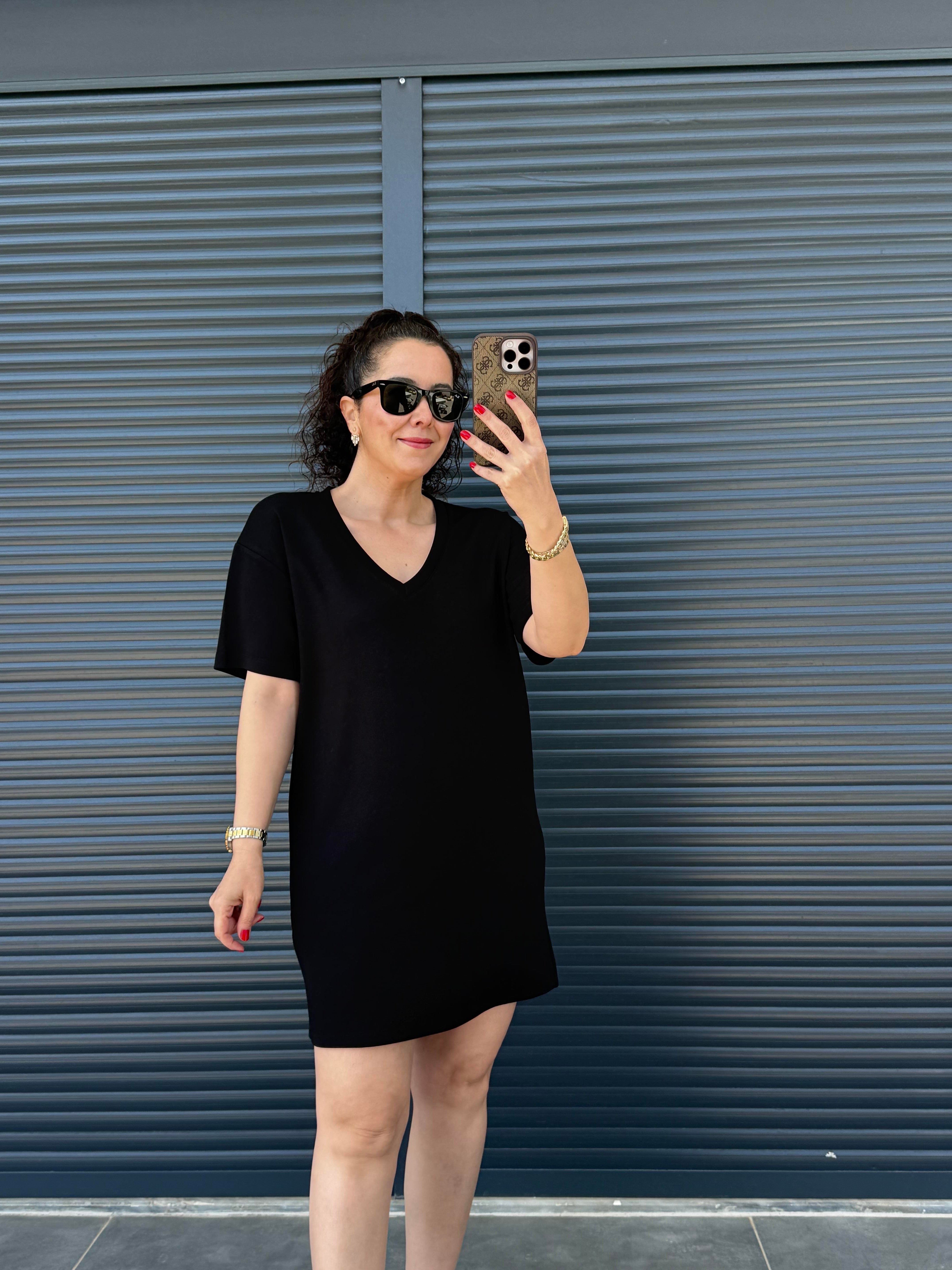 V Yaka Modal Kumaş Dökümlü Elbise Siyah 