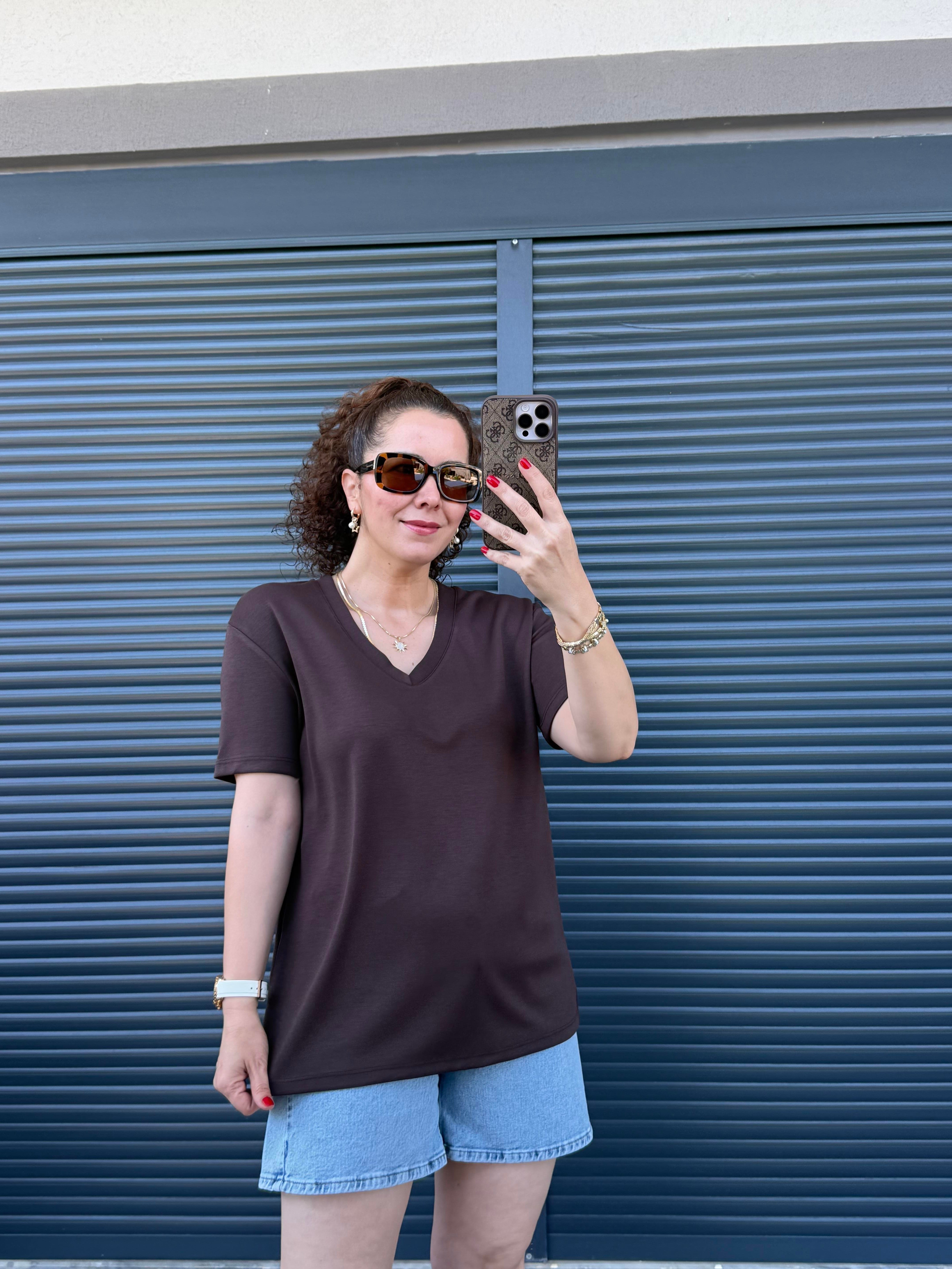 V Yaka Modal Kumaş T-shirt Acı Kahve 