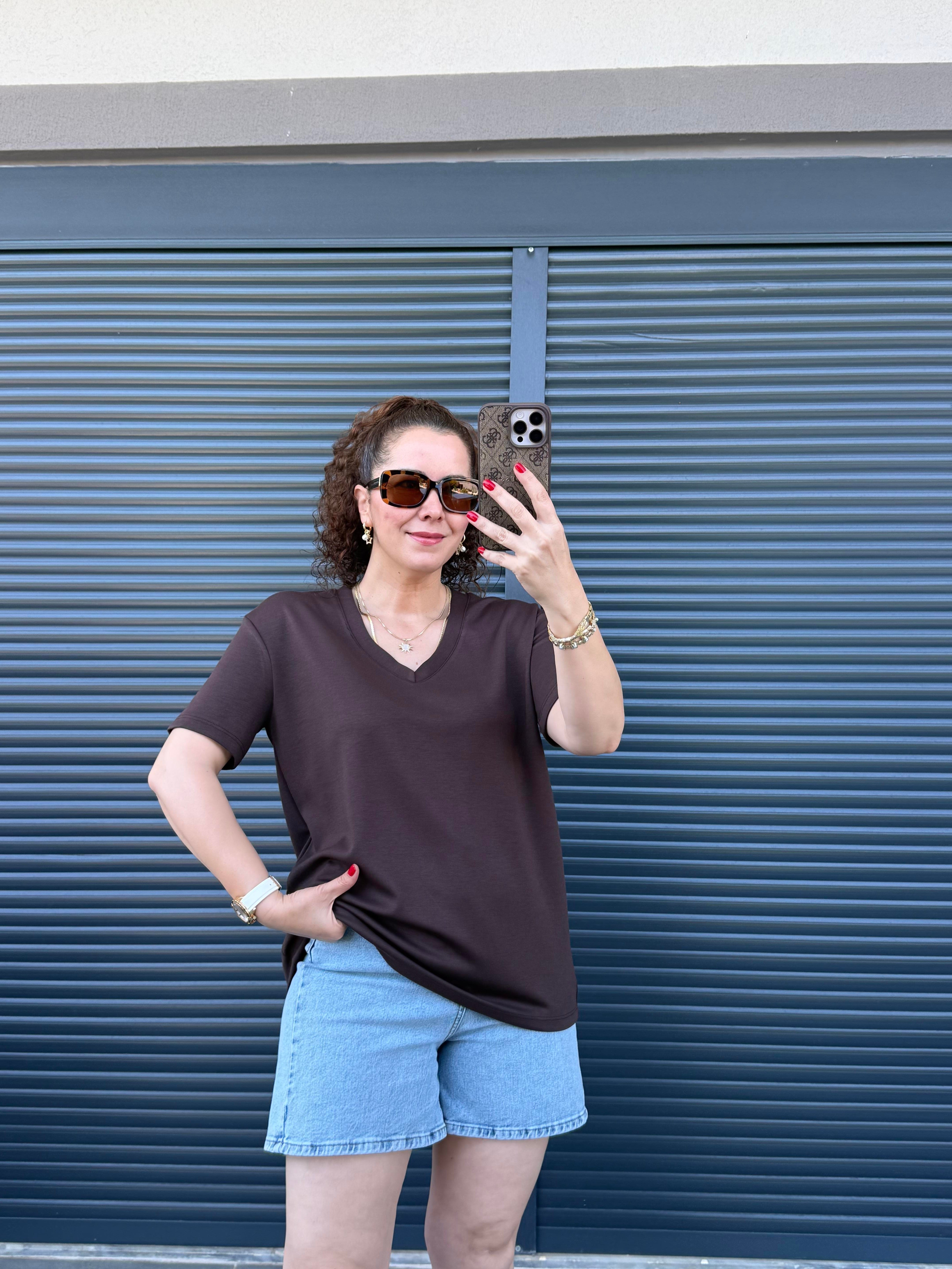 V Yaka Modal Kumaş T-shirt Acı Kahve 