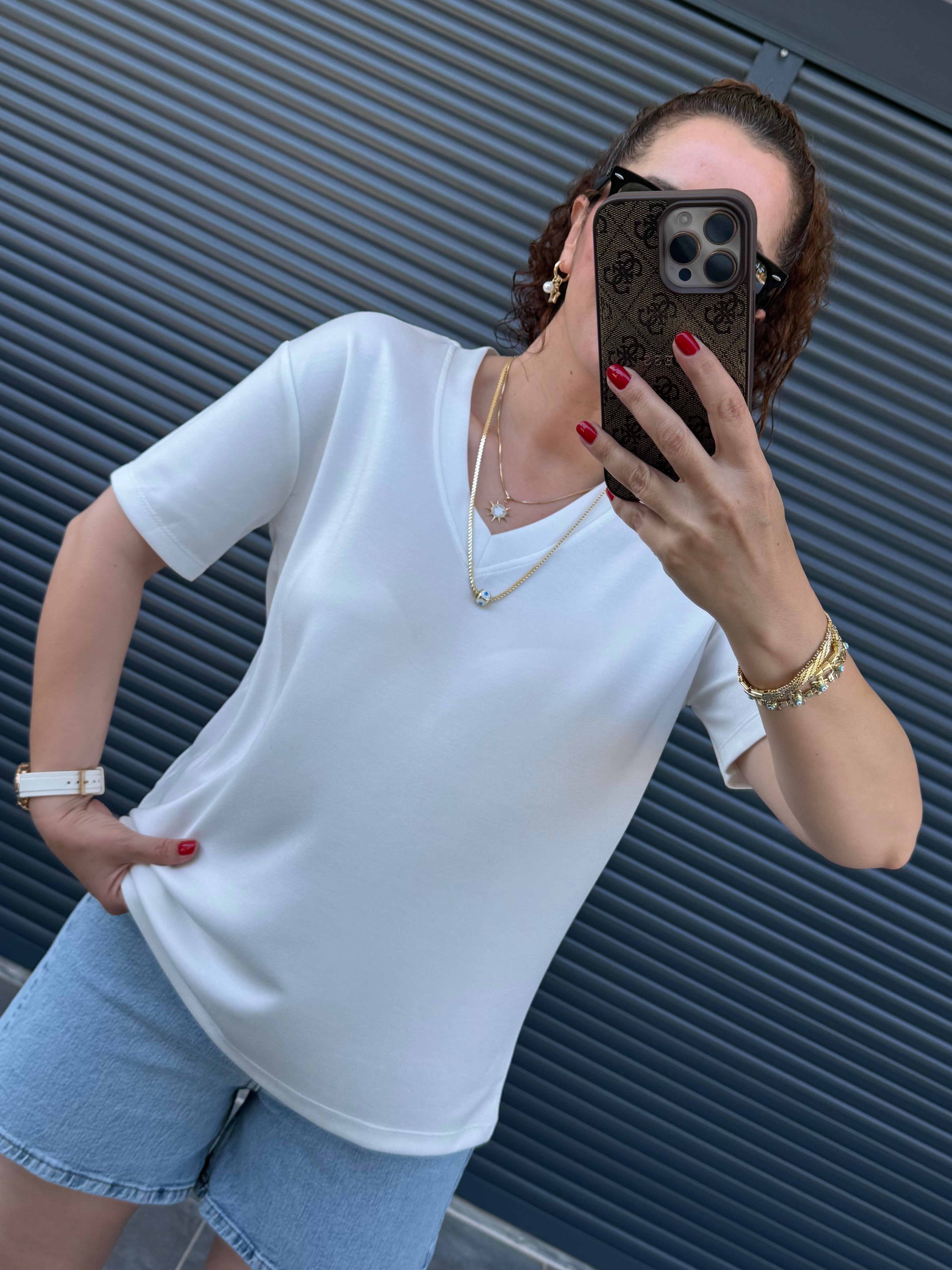 V Yaka Modal Kumaş T-shirt Beyaz 