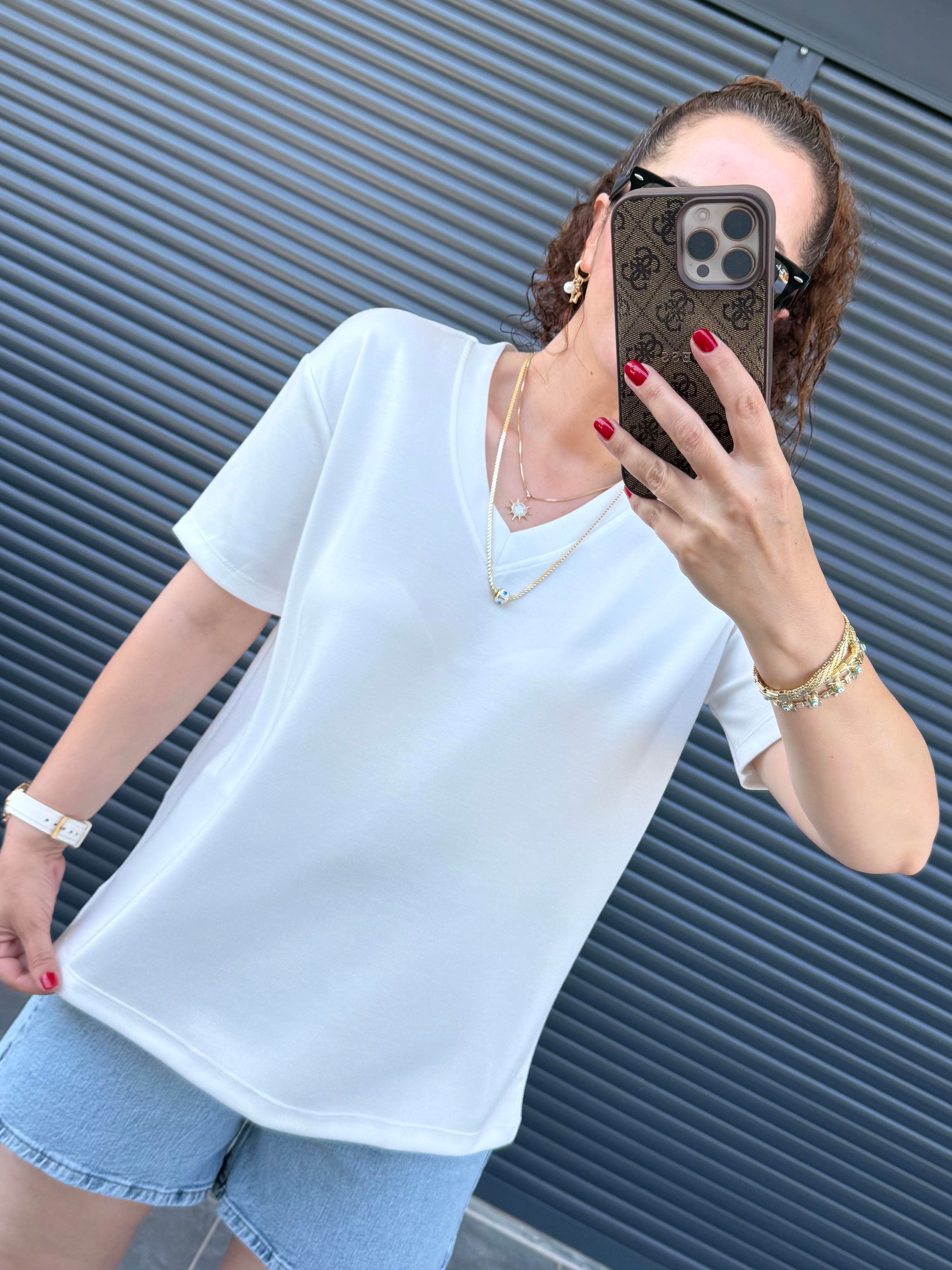 V Yaka Modal Kumaş T-shirt Beyaz 