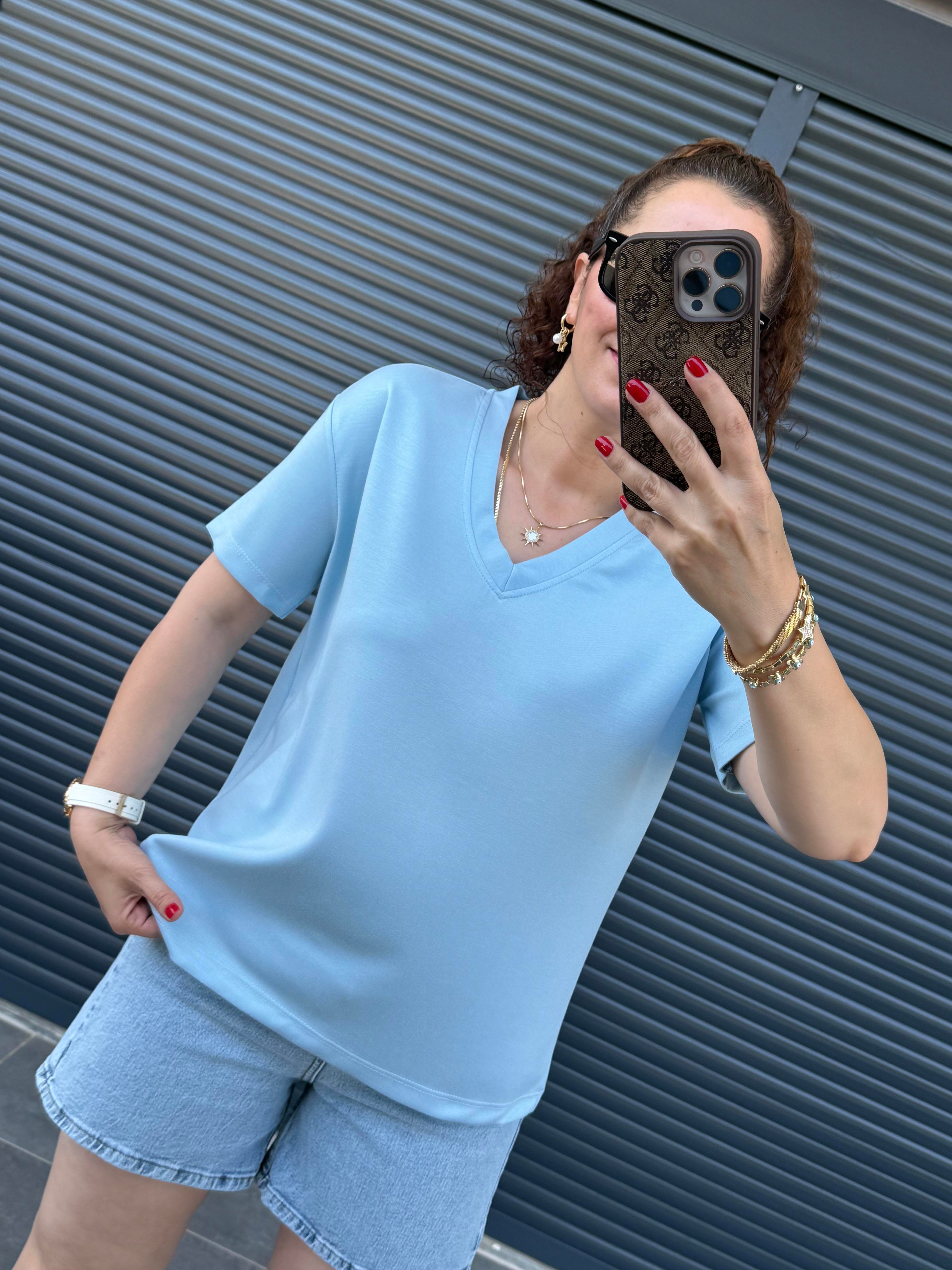V Yaka Modal Kumaş T-shirt Mavi