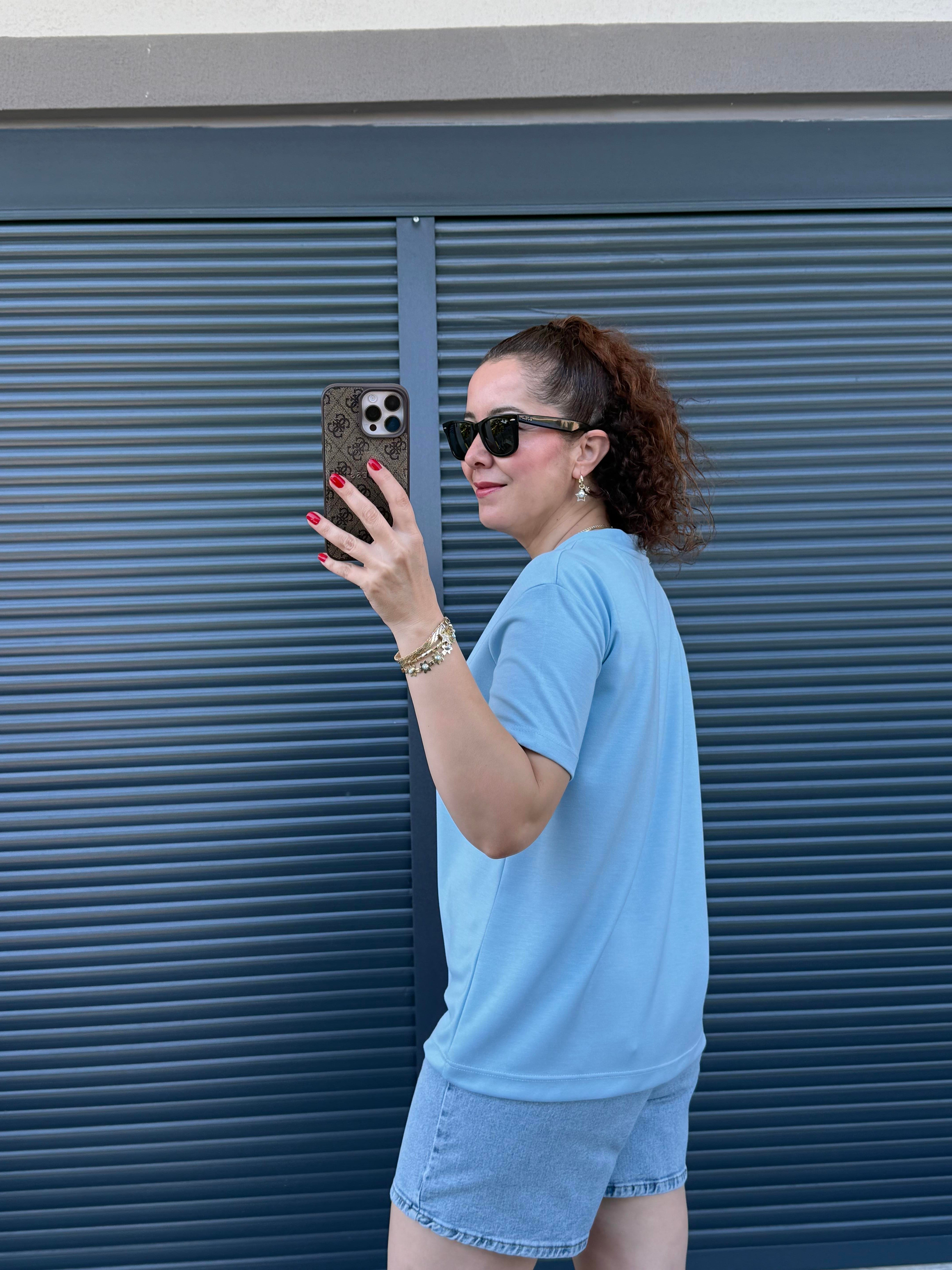 V Yaka Modal Kumaş T-shirt Mavi
