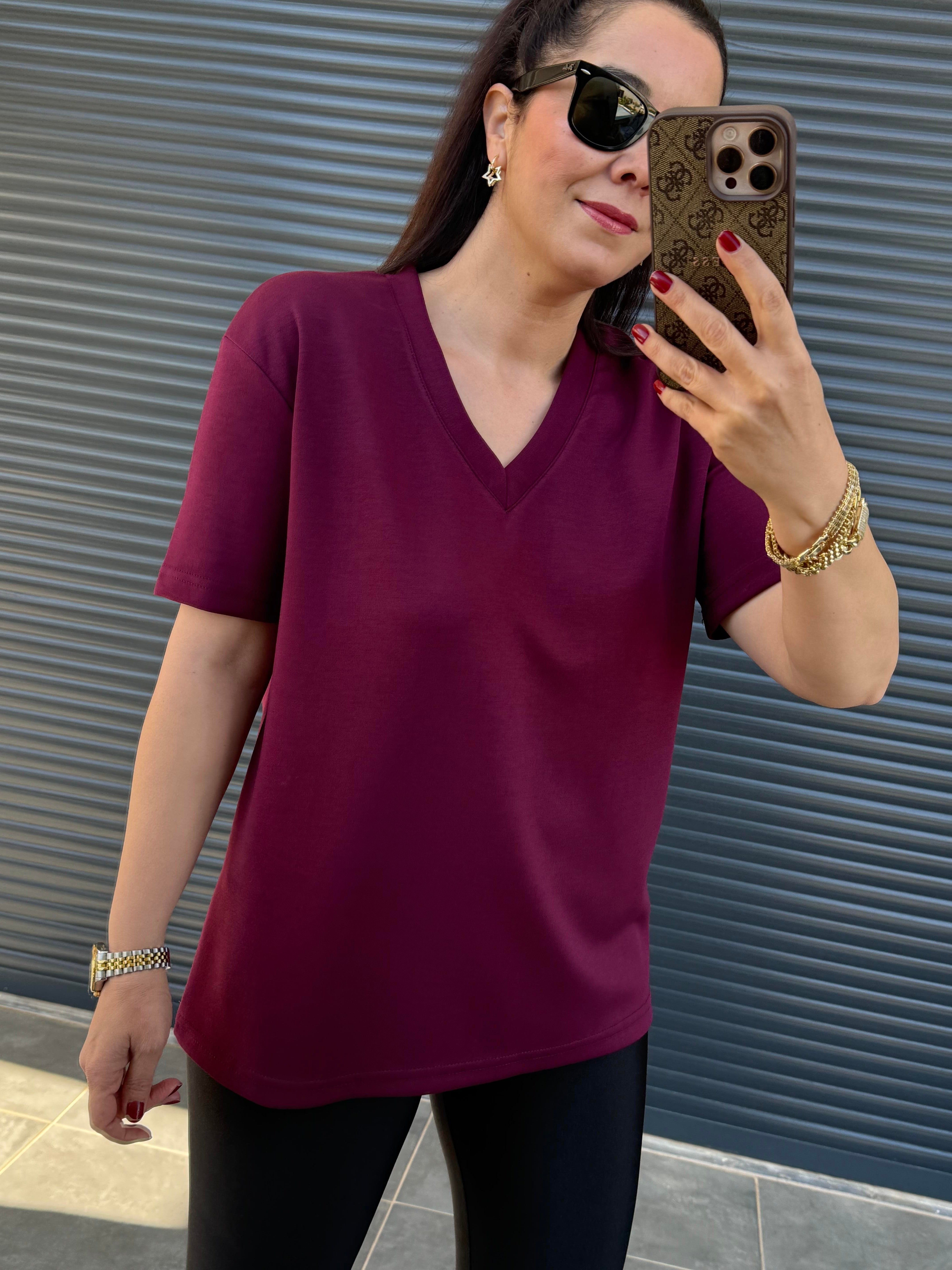 V Yaka Modal Kumaş T-shirt Mürdüm