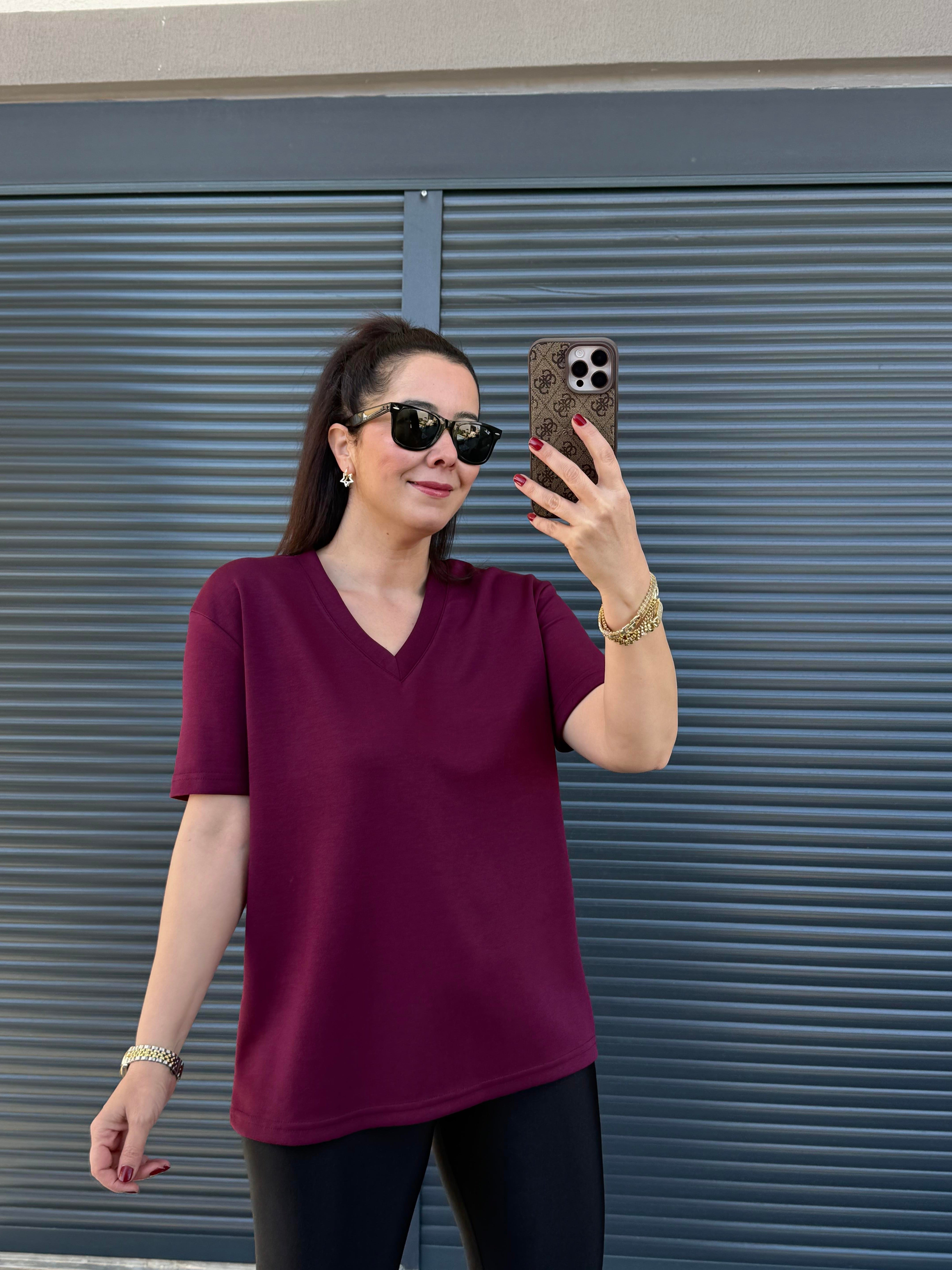 V Yaka Modal Kumaş T-shirt Mürdüm