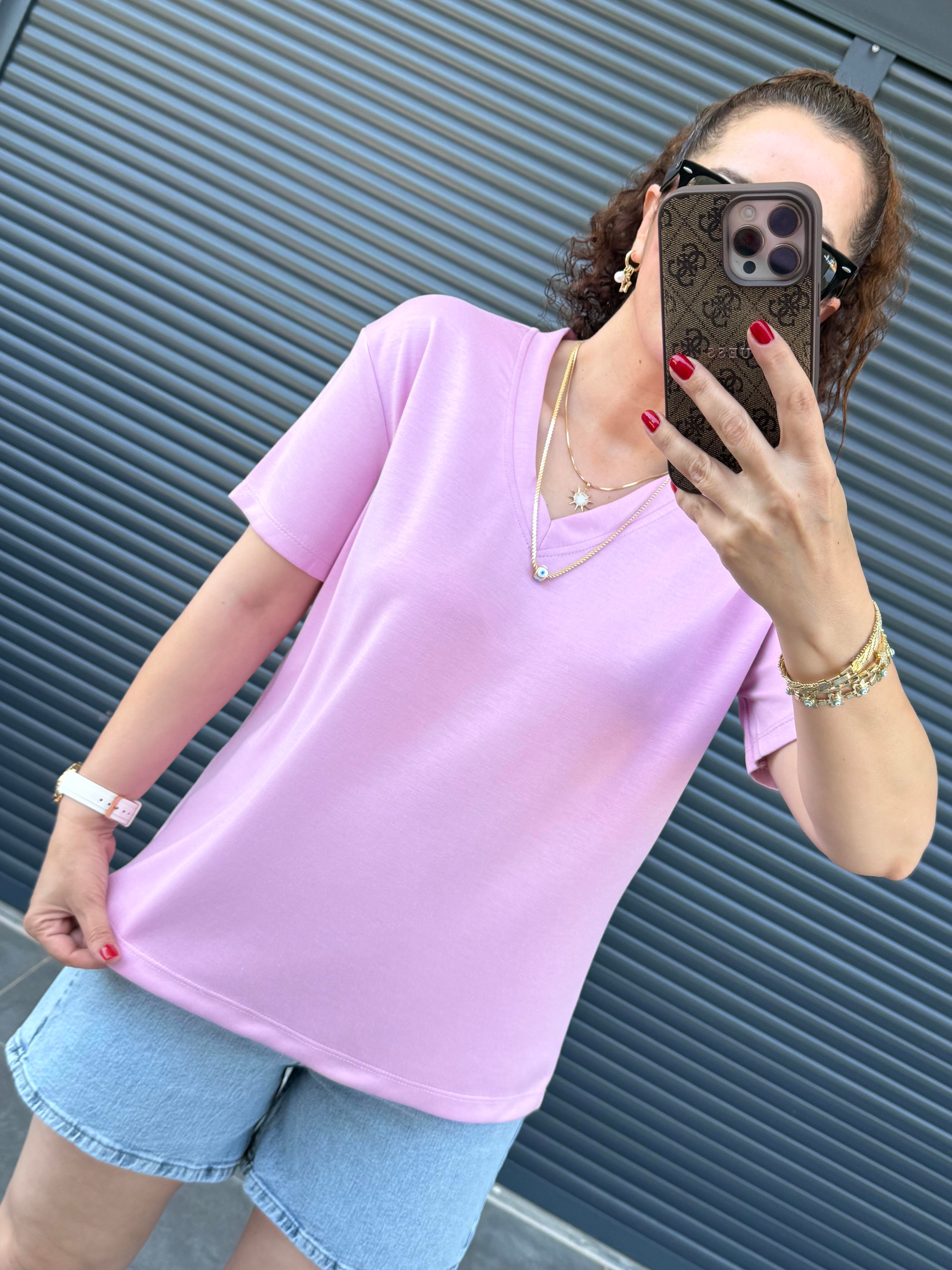 V Yaka Modal Kumaş T-shirt  Pembe