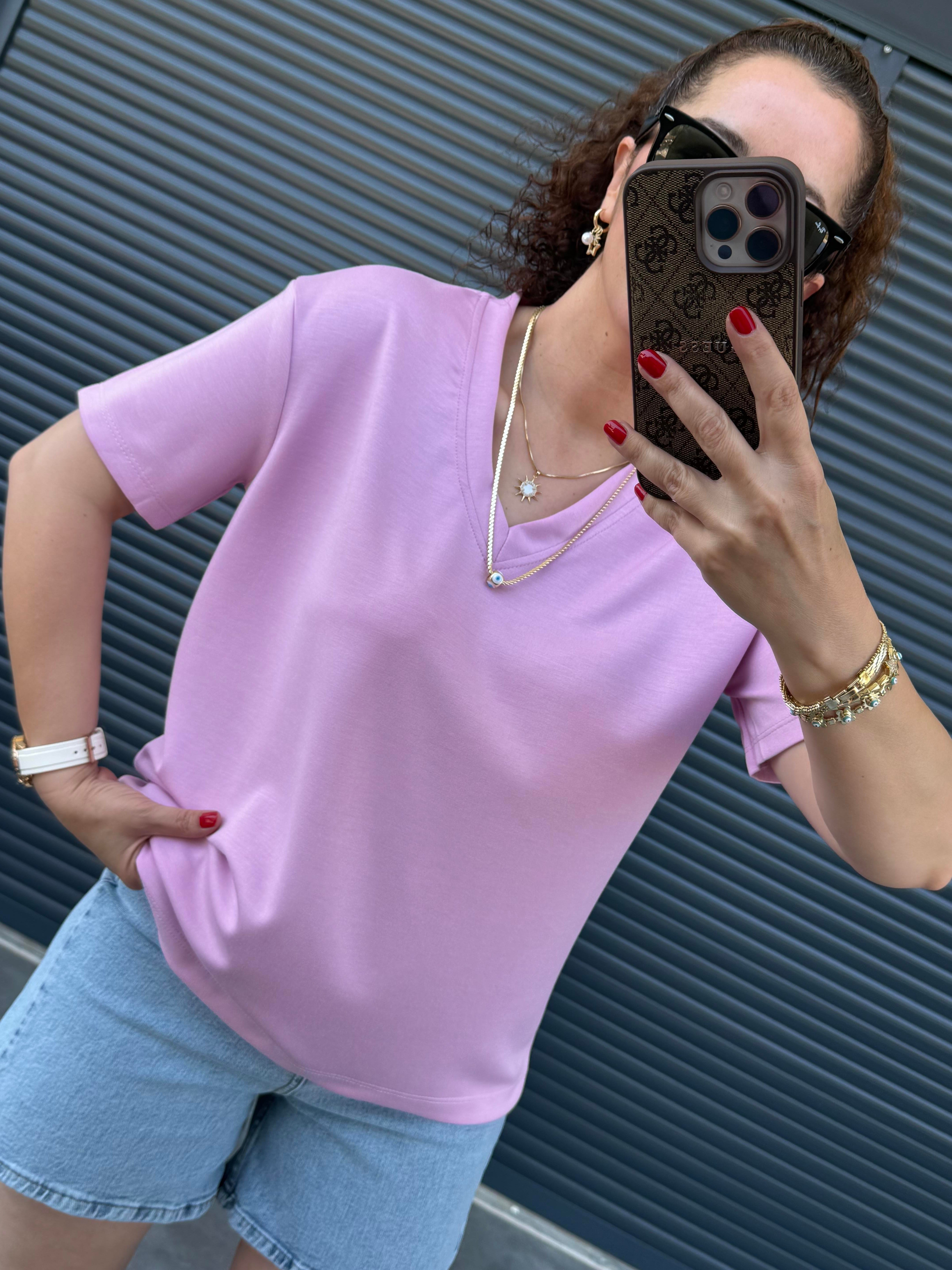 V Yaka Modal Kumaş T-shirt  Pembe