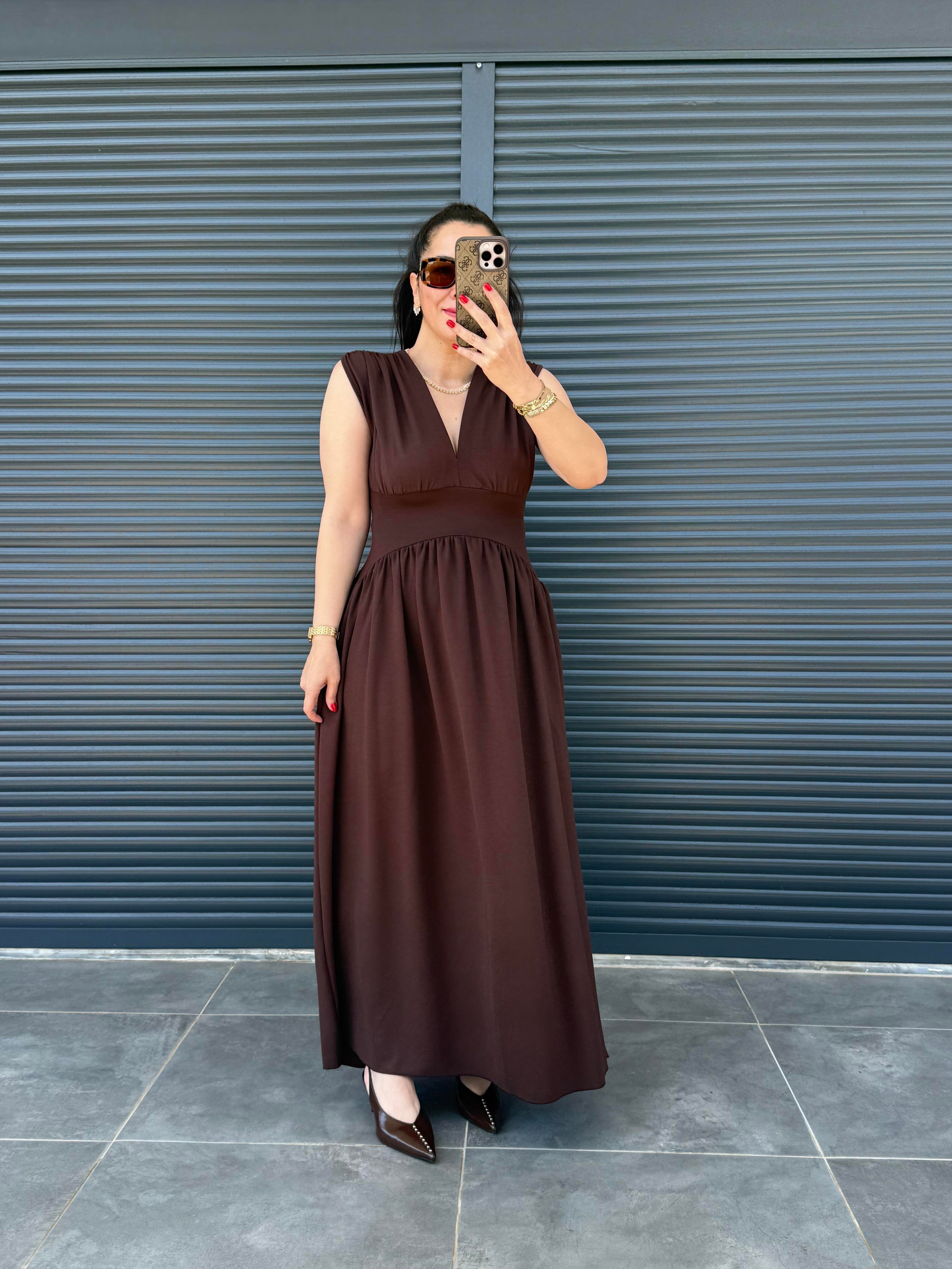 V Yaka Sıfır Kol Modal Elbise Acı Kahve