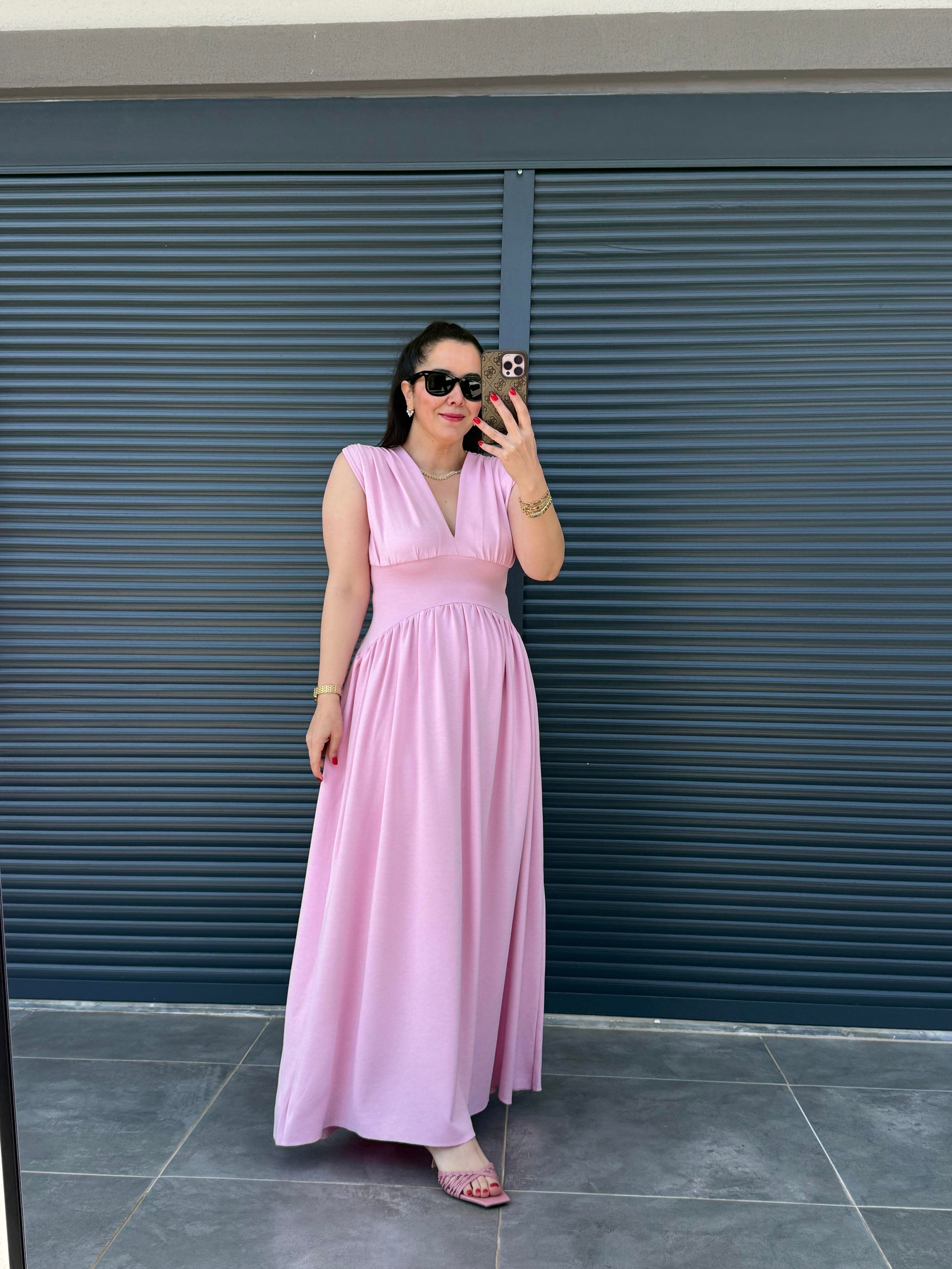V Yaka Sıfır Kol Modal Elbise Pembe