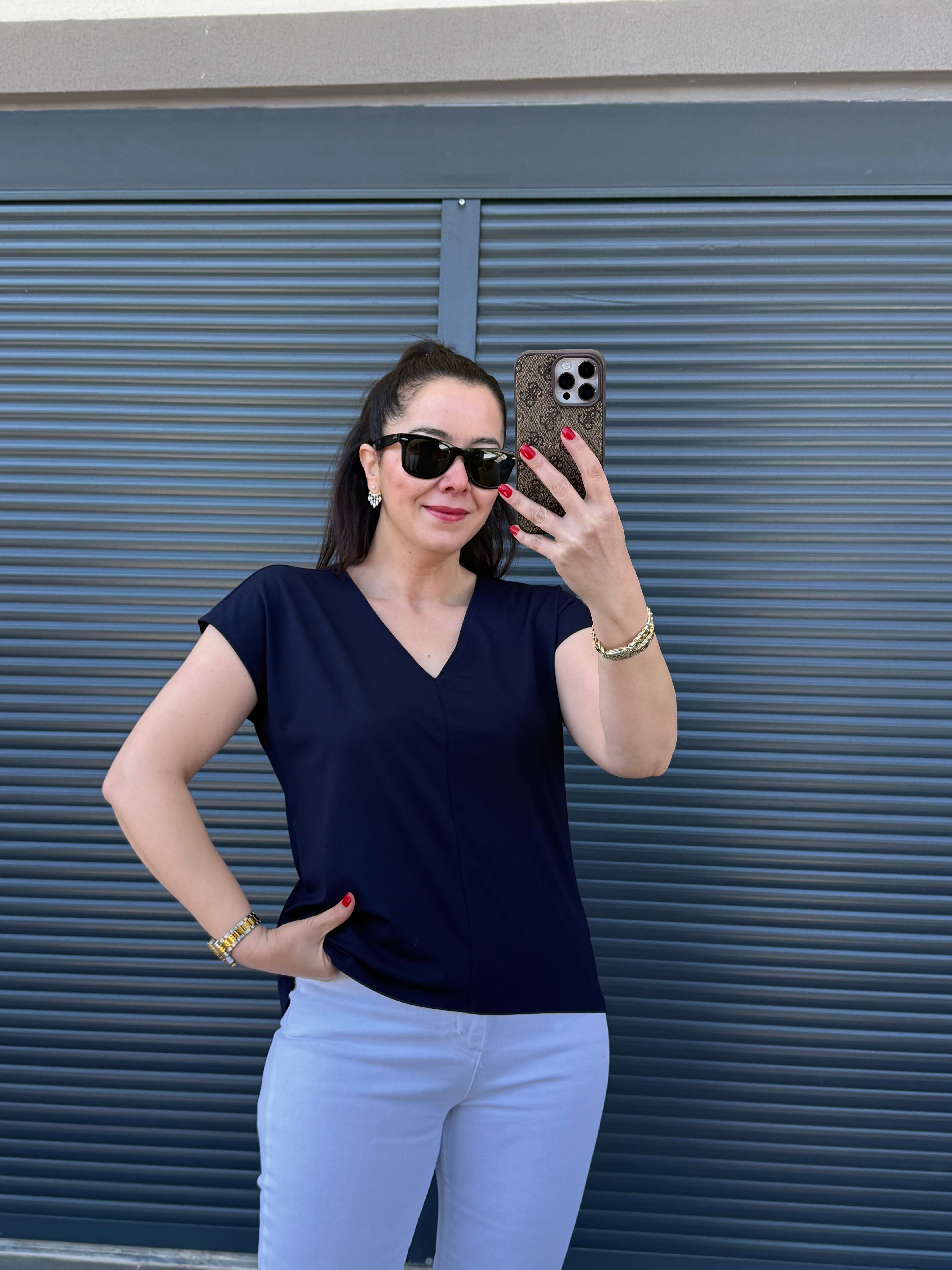 V Yaka Yarasa Kol Modal T-shirt Lacivert