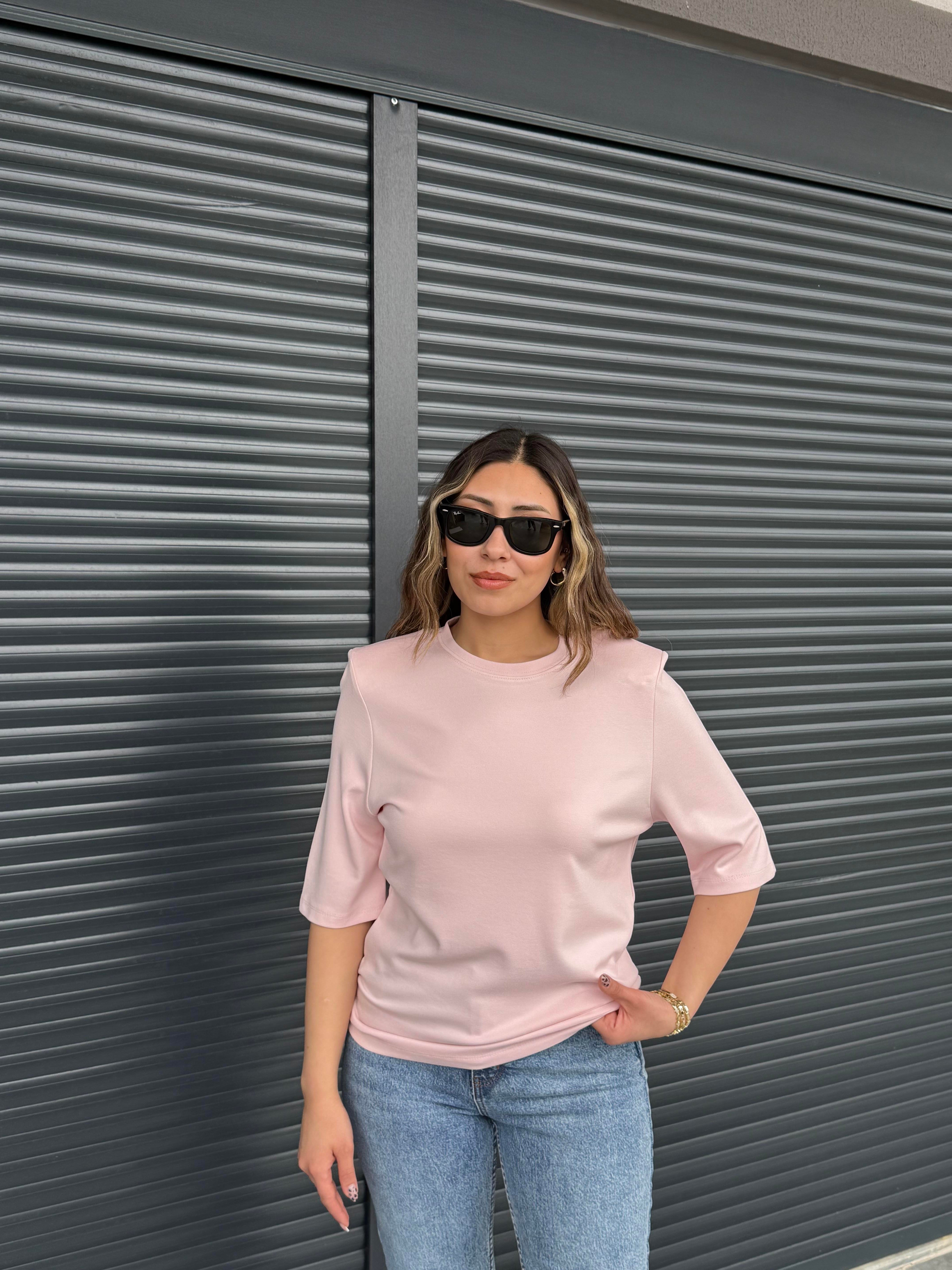 Vatkalı Basic T-shirt Pudra