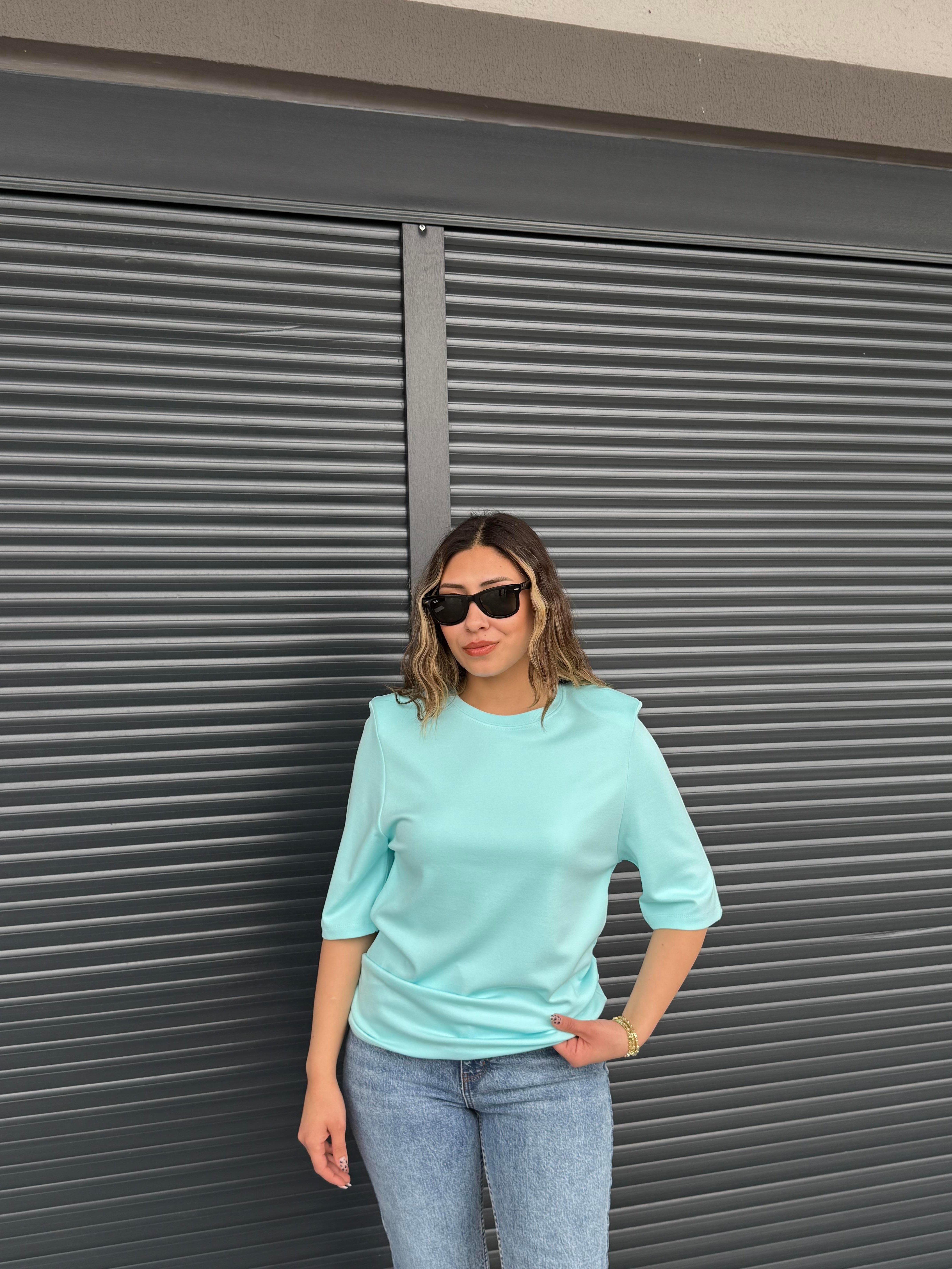 Vatkalı Basic T-shirt Turkuaz