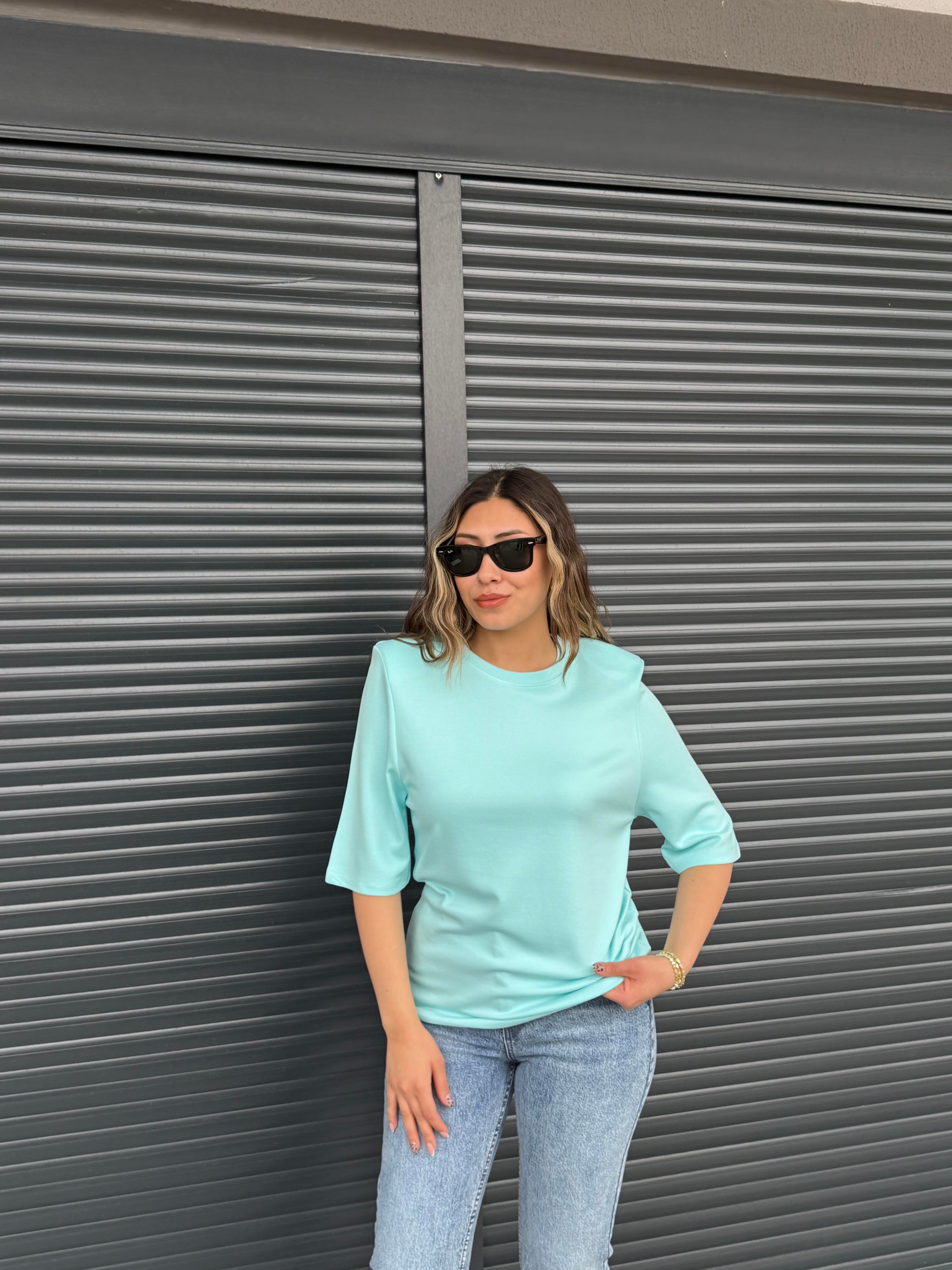 Vatkalı Basic T-shirt Turkuaz