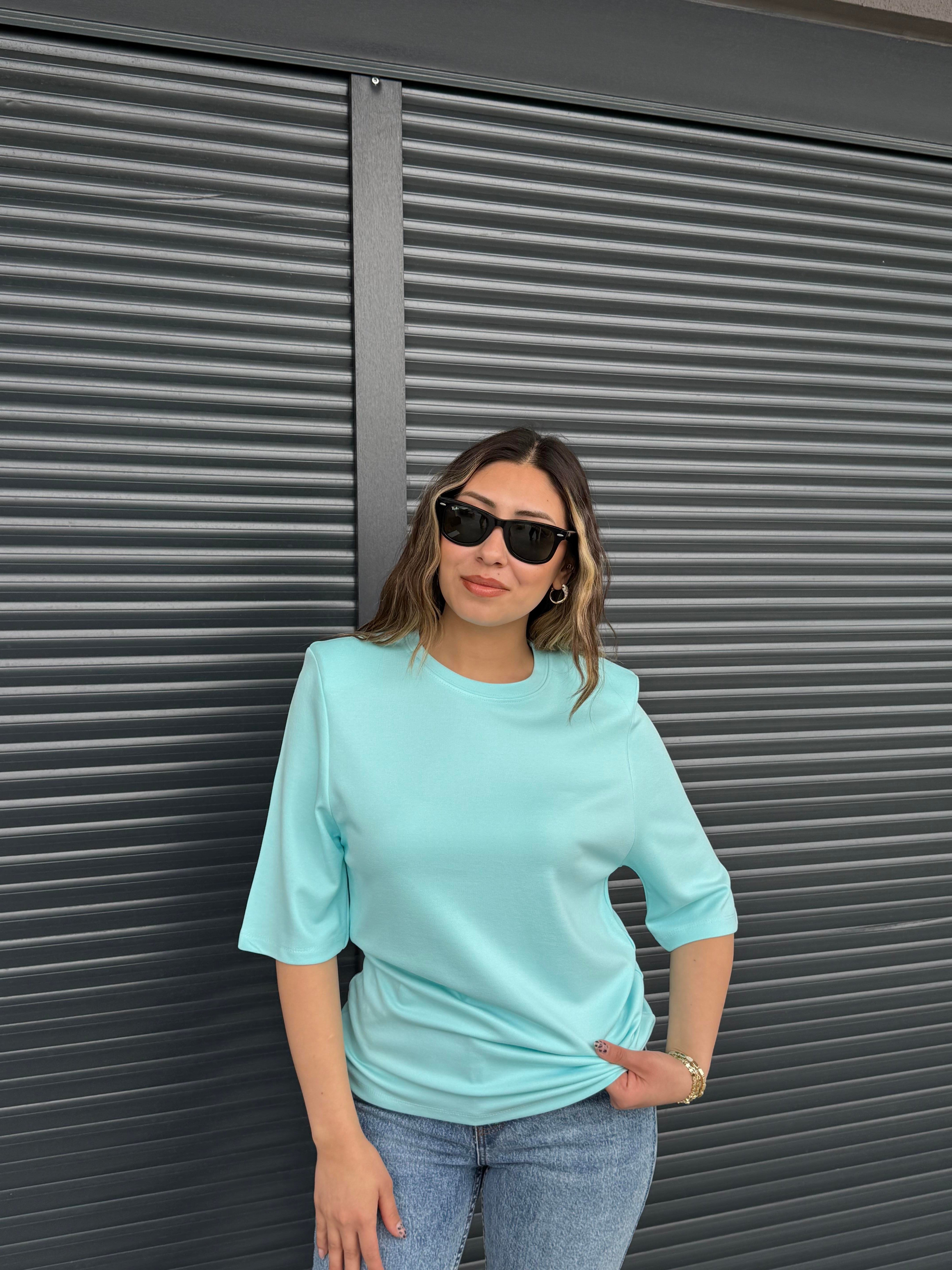 Vatkalı Basic T-shirt Turkuaz