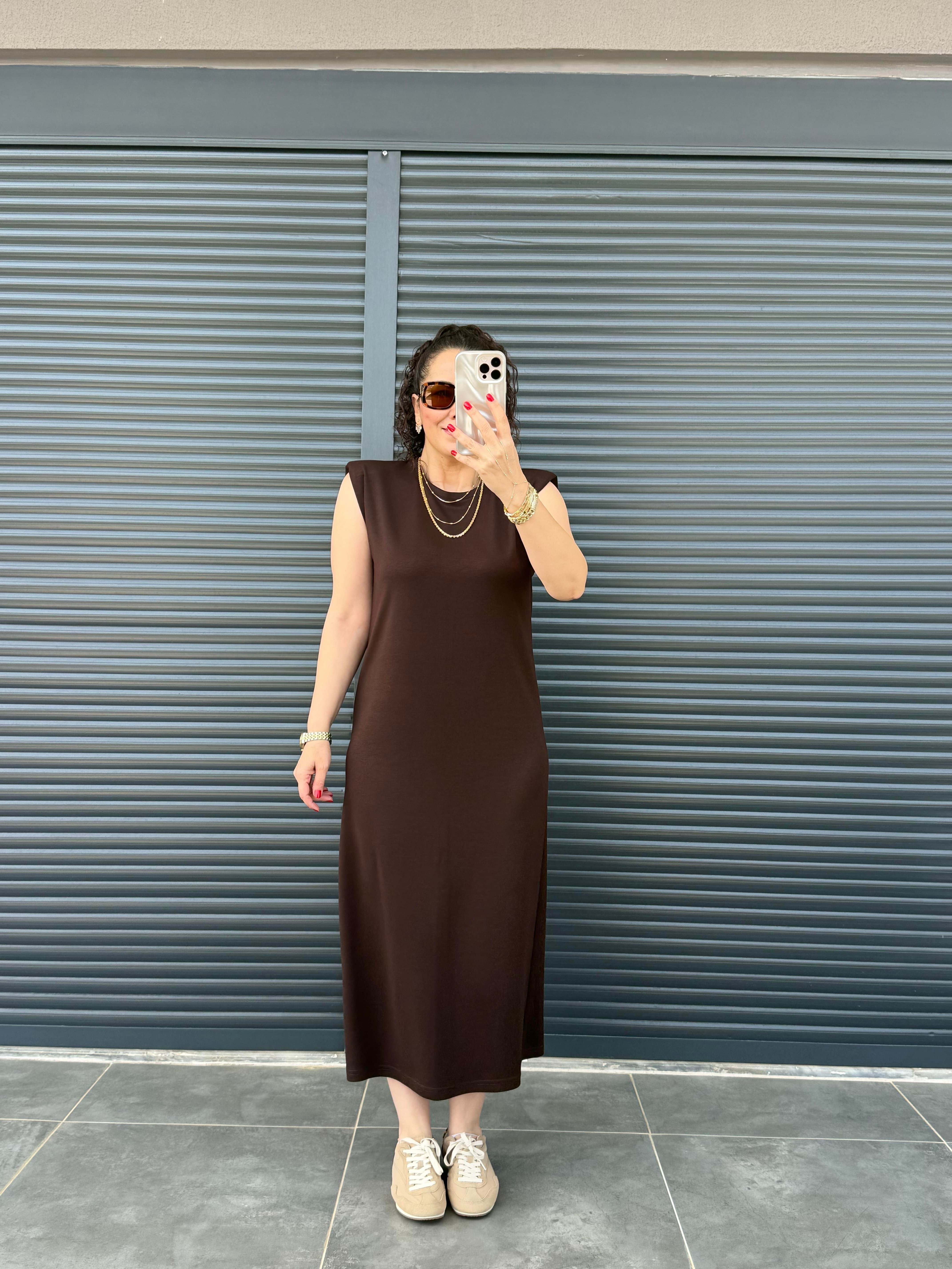Vatkalı Modal Basic Elbise Acı Kahve
