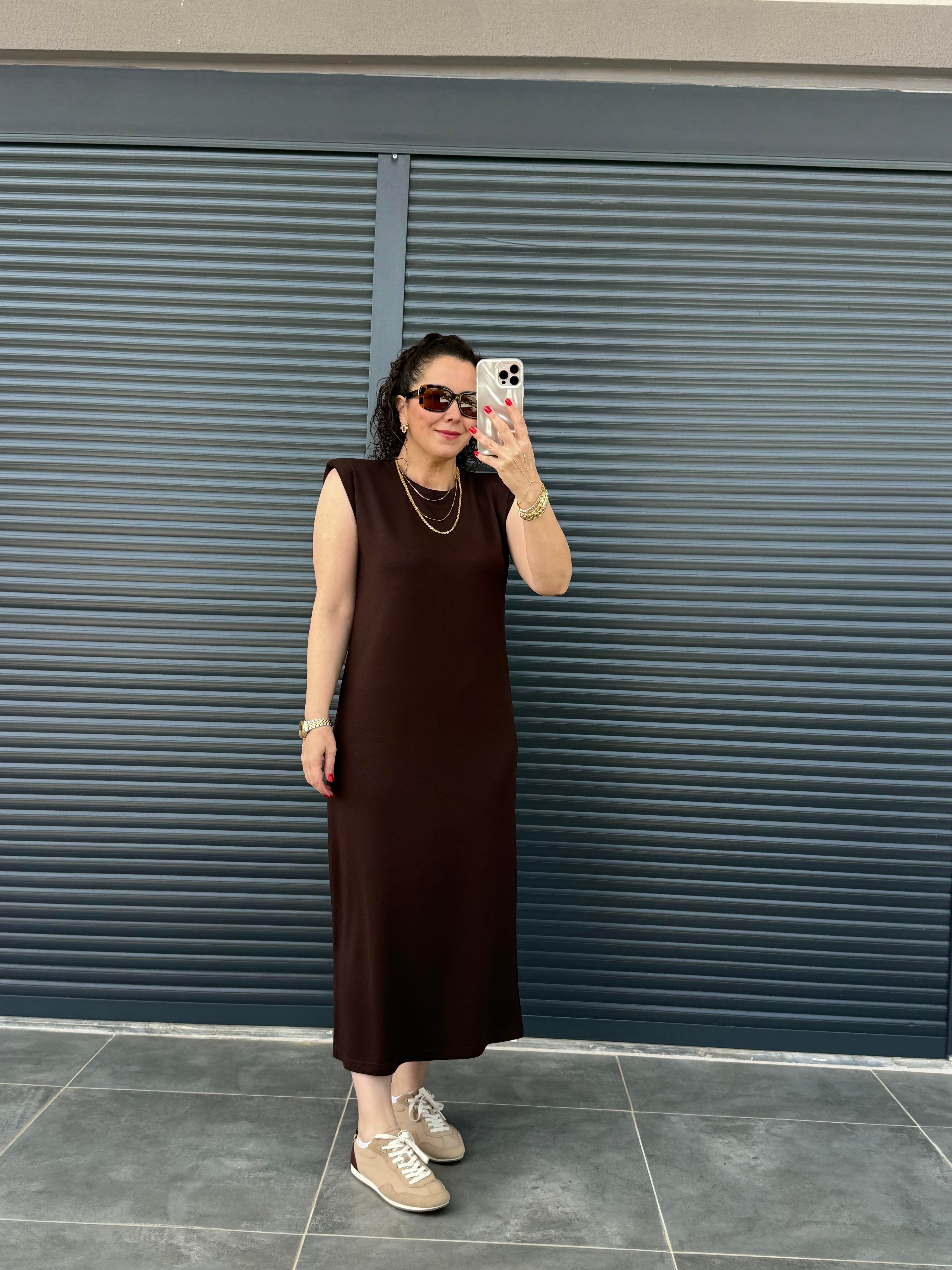 Vatkalı Modal Basic Elbise Acı Kahve
