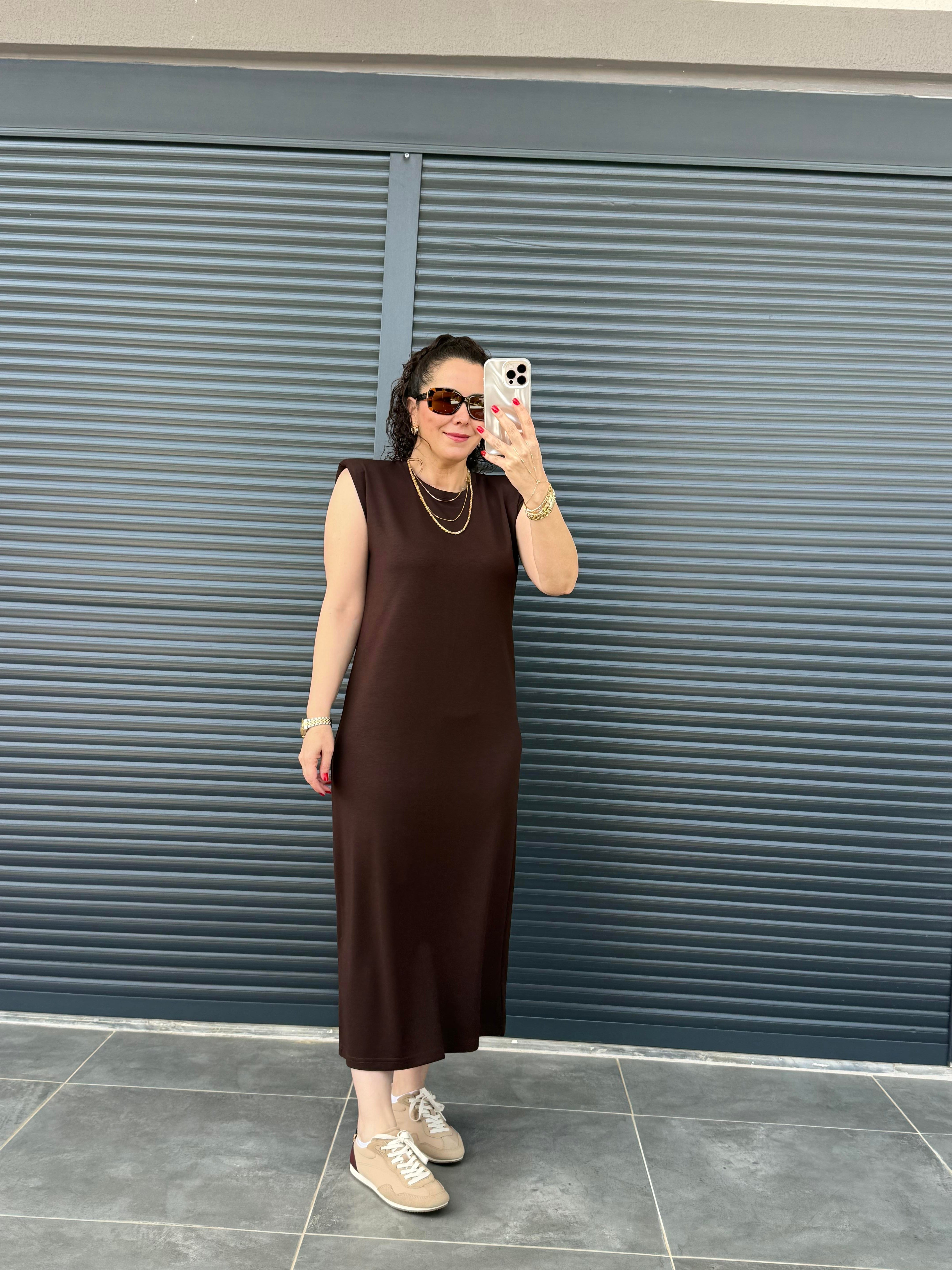 Vatkalı Modal Basic Elbise Acı Kahve
