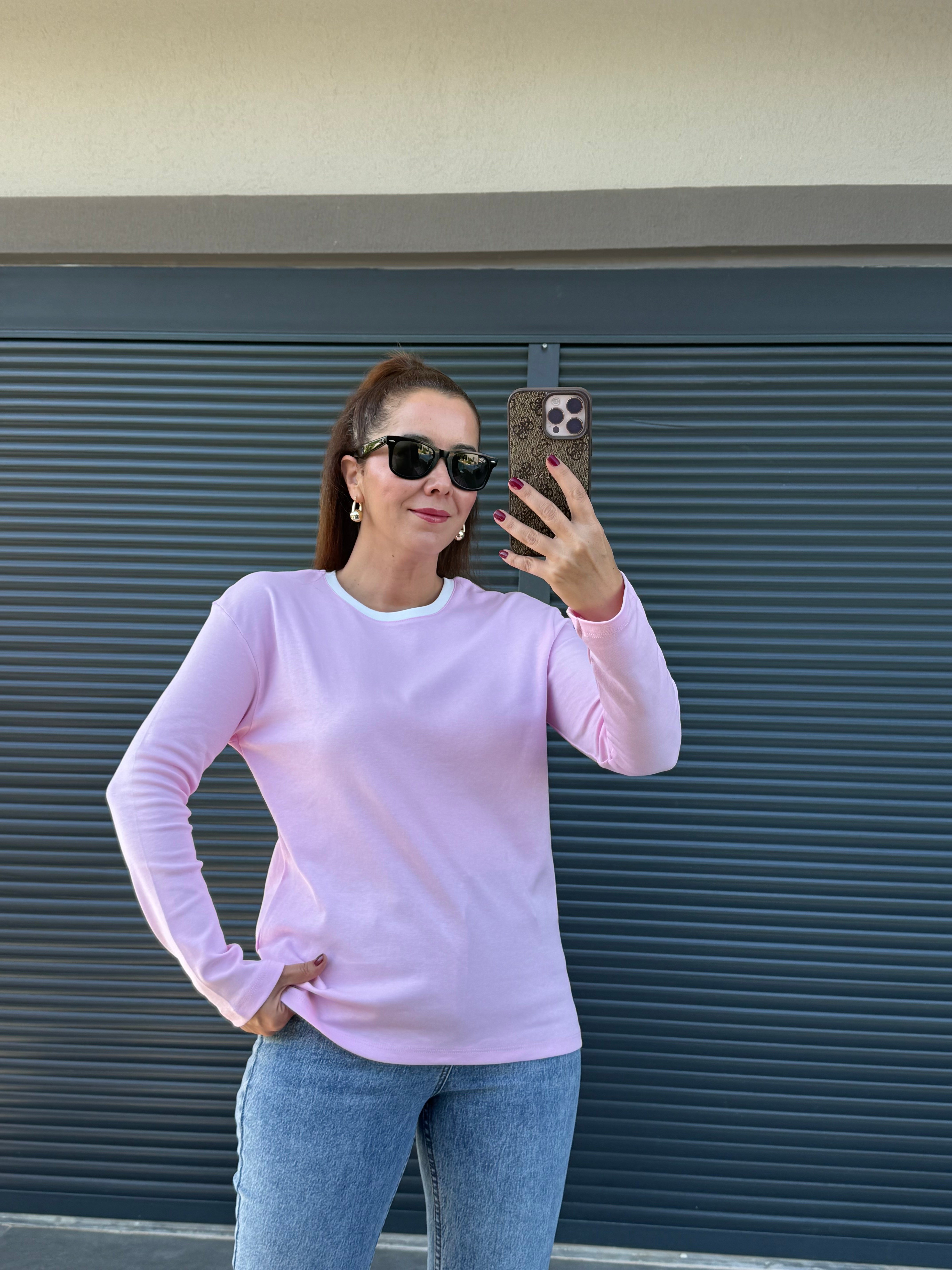 Yakası Garnili Basic Bluz Pembe