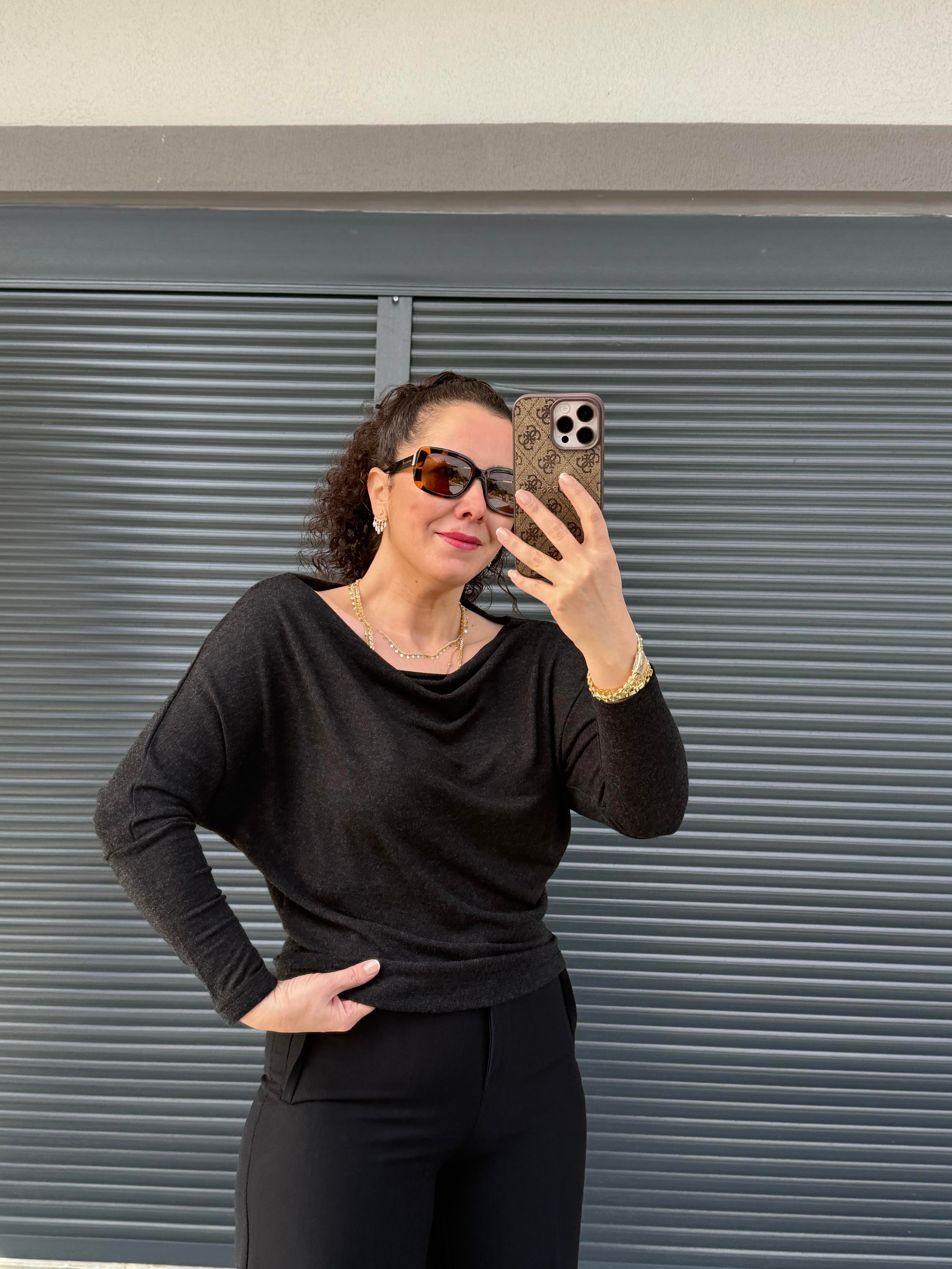 Yarasa Kol Çilek Kumaş İnce Triko Bluz Antrasit