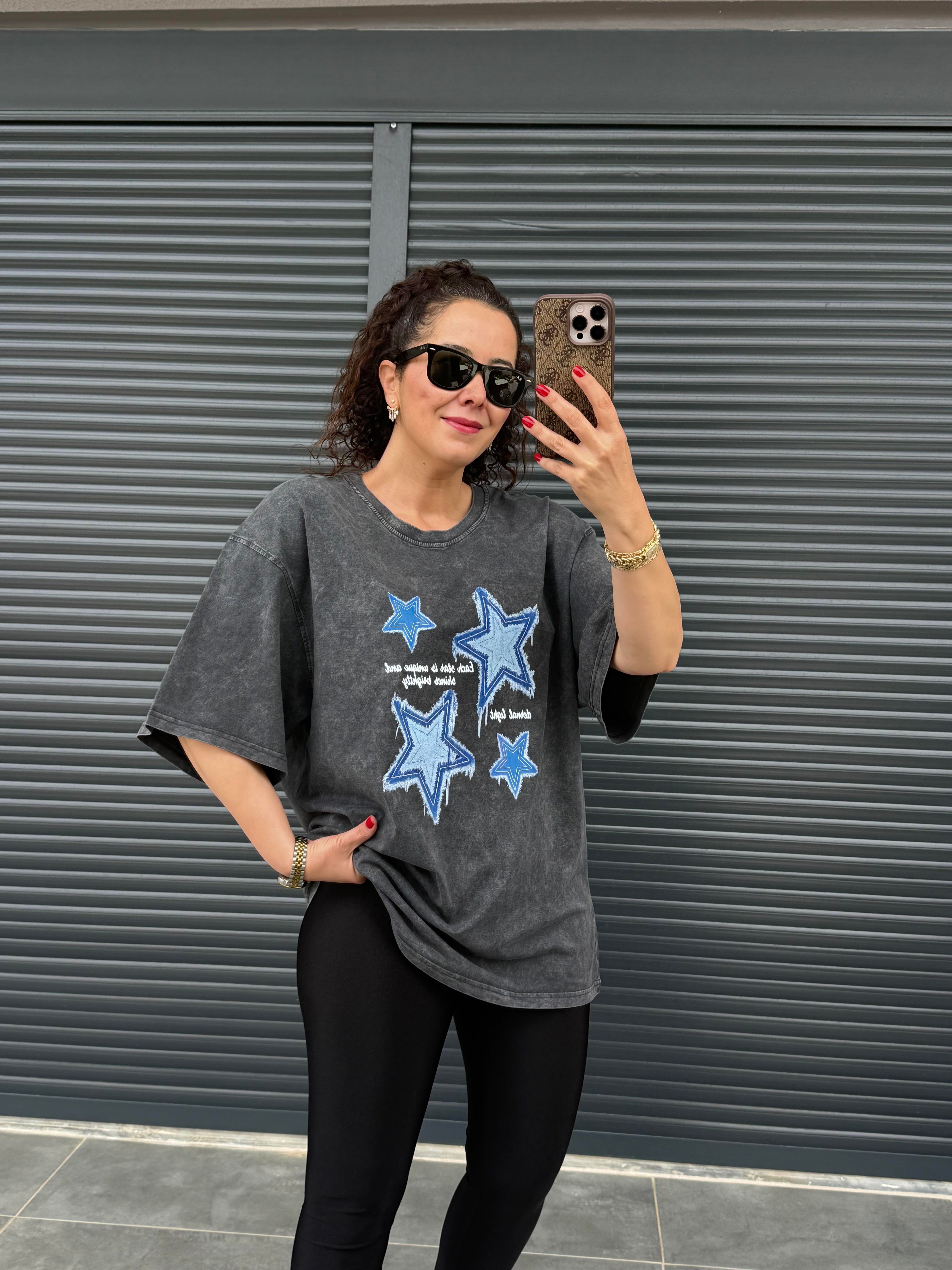 Yıldız Eskitme Oversize T-shirt