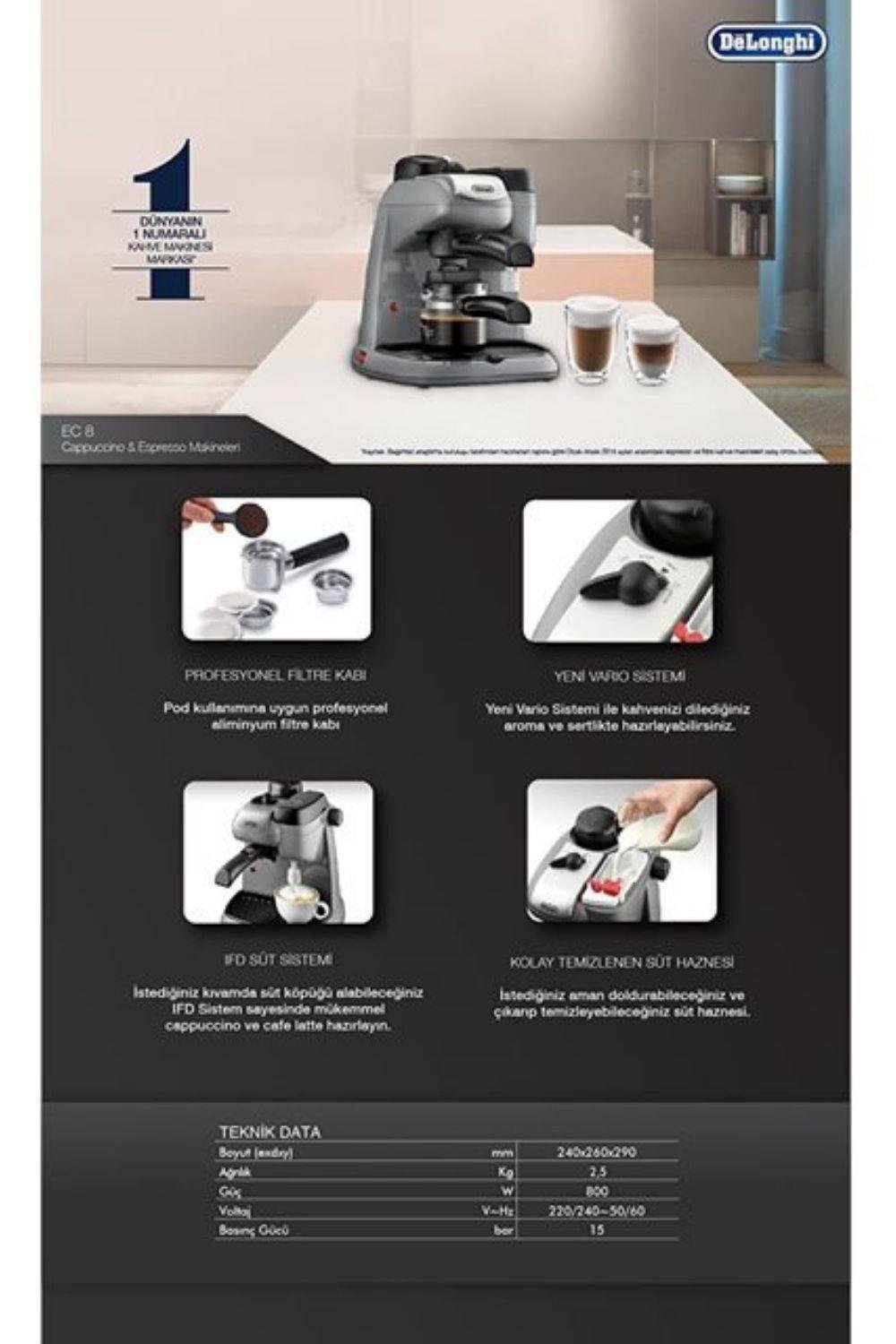 DeLonghi EC8 Espresso Makinesi Buharlı Barist Tipi (Teşhir & Outlet)