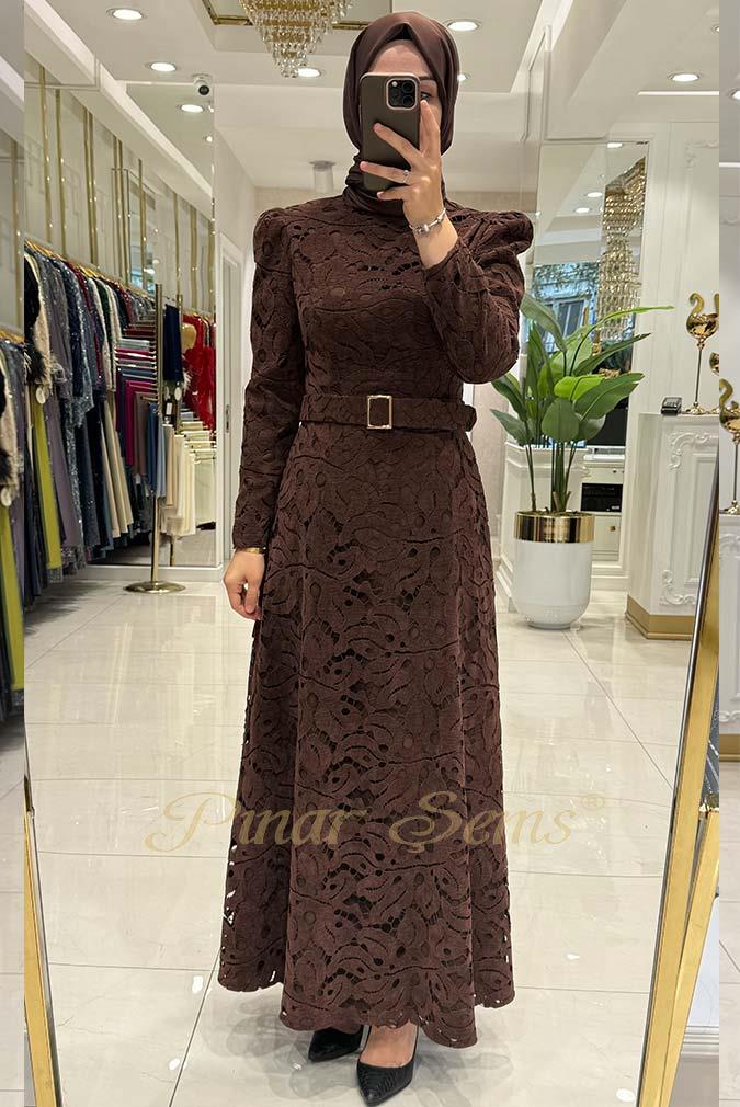 Pınar Şems Dantel Elbise Kahverengi