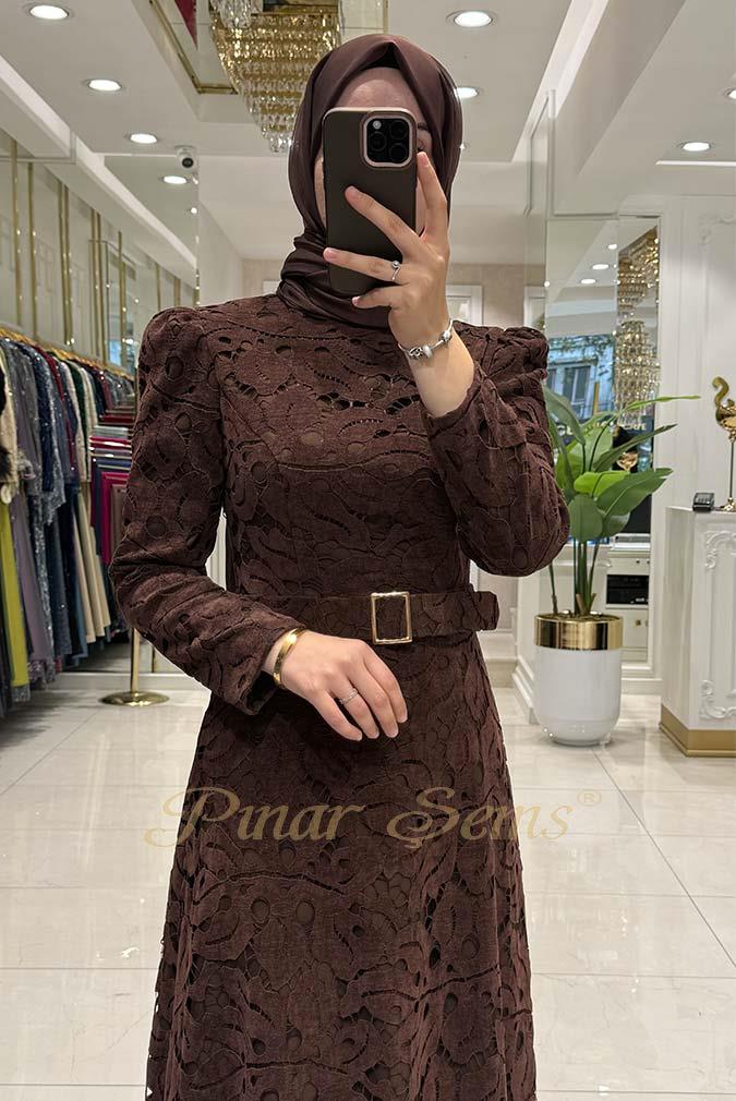 Pınar Şems Dantel Elbise Kahverengi