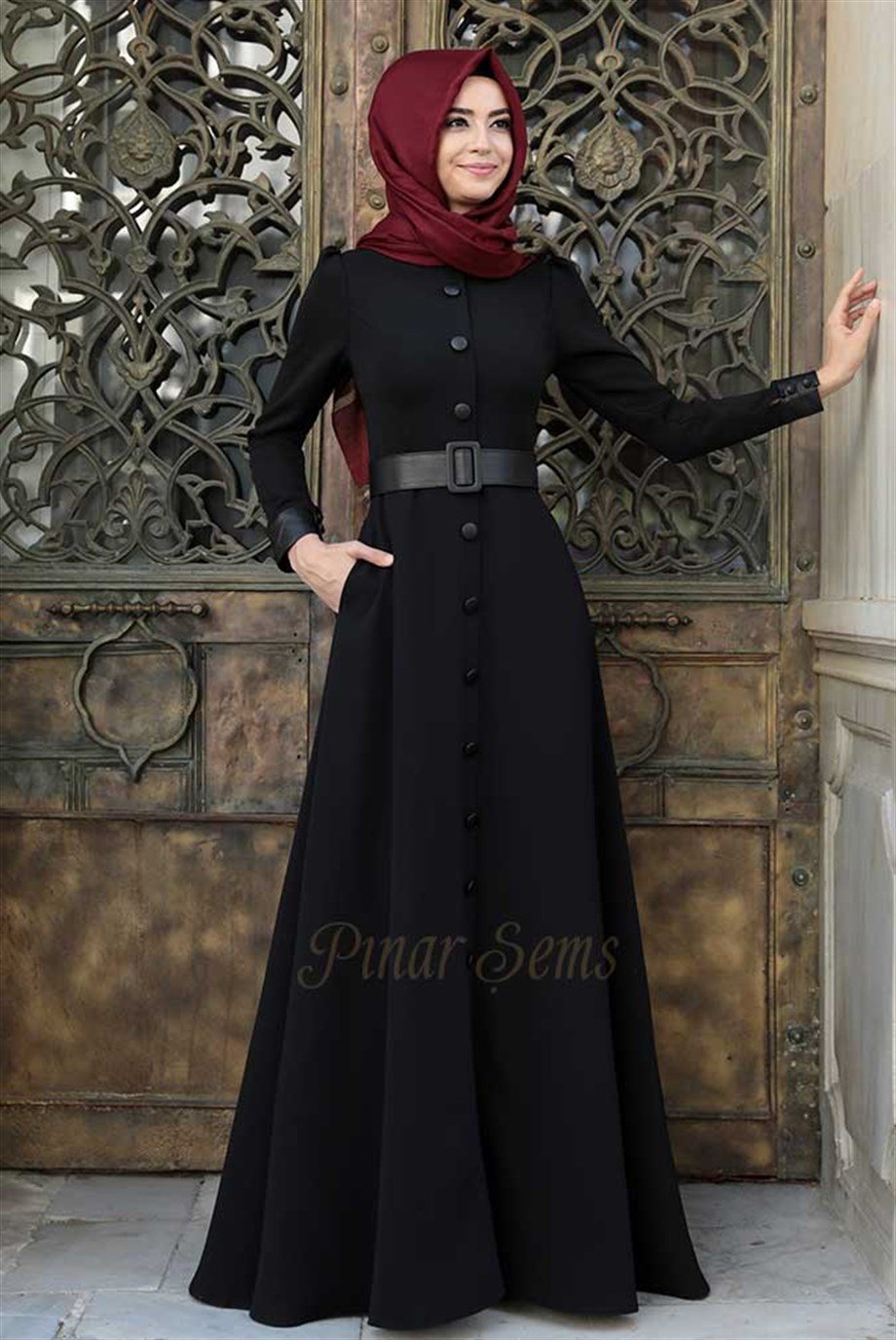 Pınar Şems Deri Düğmeli Elbise Siyah