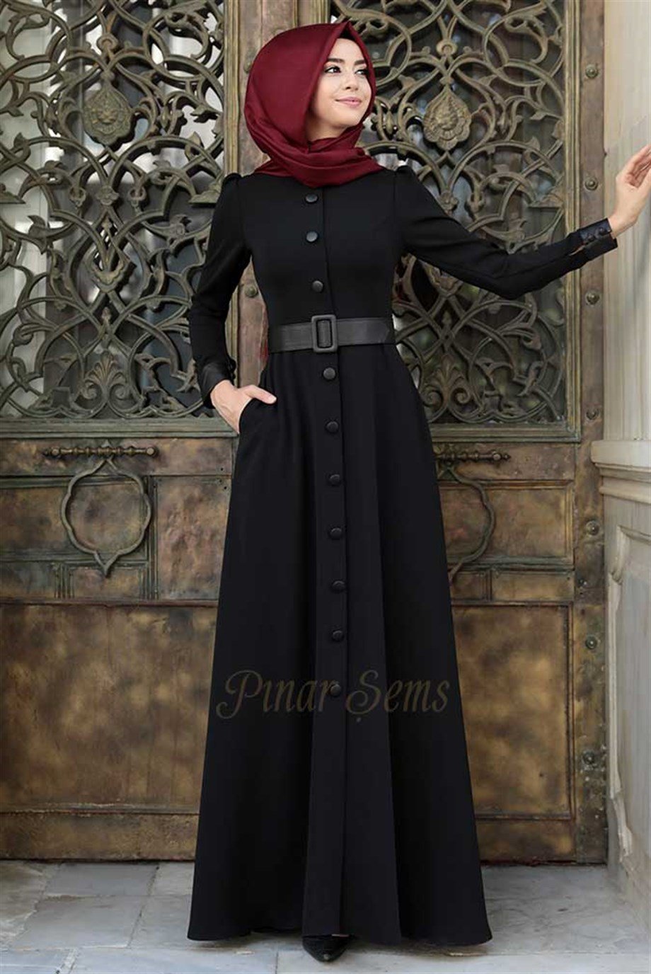 Pınar Şems Deri Düğmeli Elbise Siyah