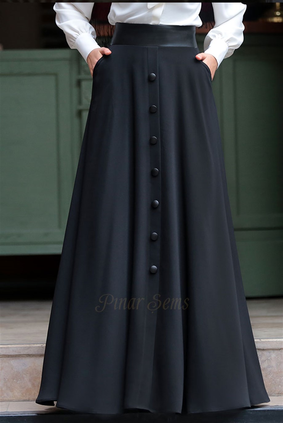 Pınar Şems Deri Düğmeli Etek Siyah
