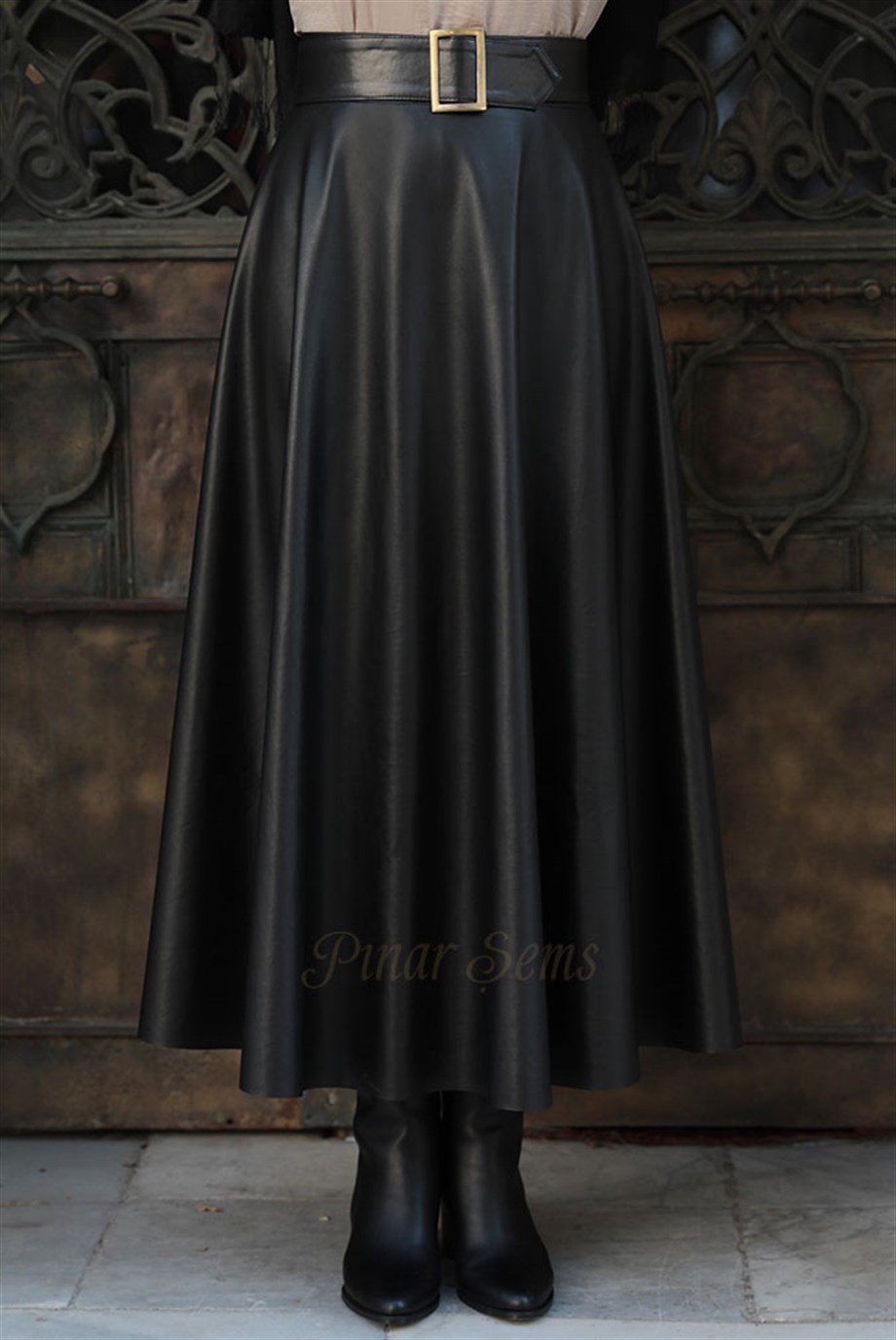 Pınar Şems Deri Verev Etek Siyah