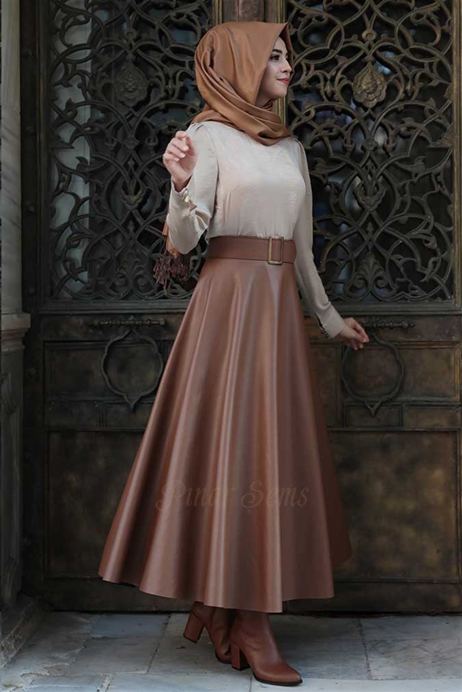 Pınar Şems Deri Verev Etek Taba